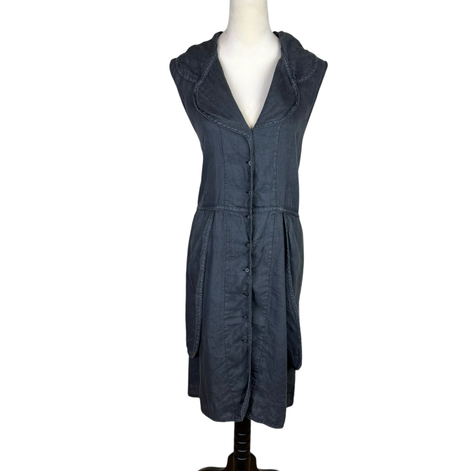 Cynthia Ashby Charcoal Gray 100% Linen Button Up Trench Jacket Sleeveless Dress