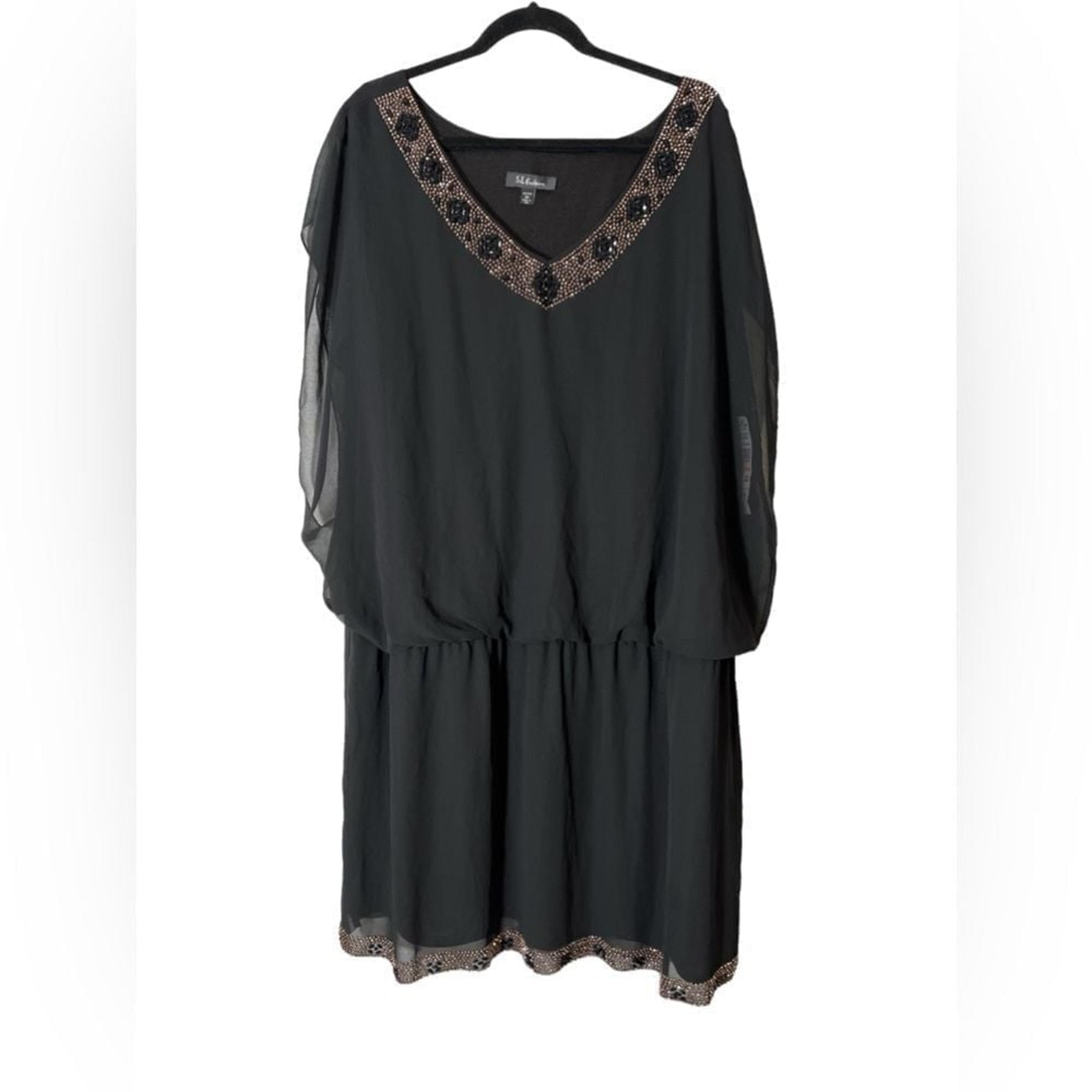 S.L. Fashions midi chiffon dress beaded neck & hem cinched waist black size 24