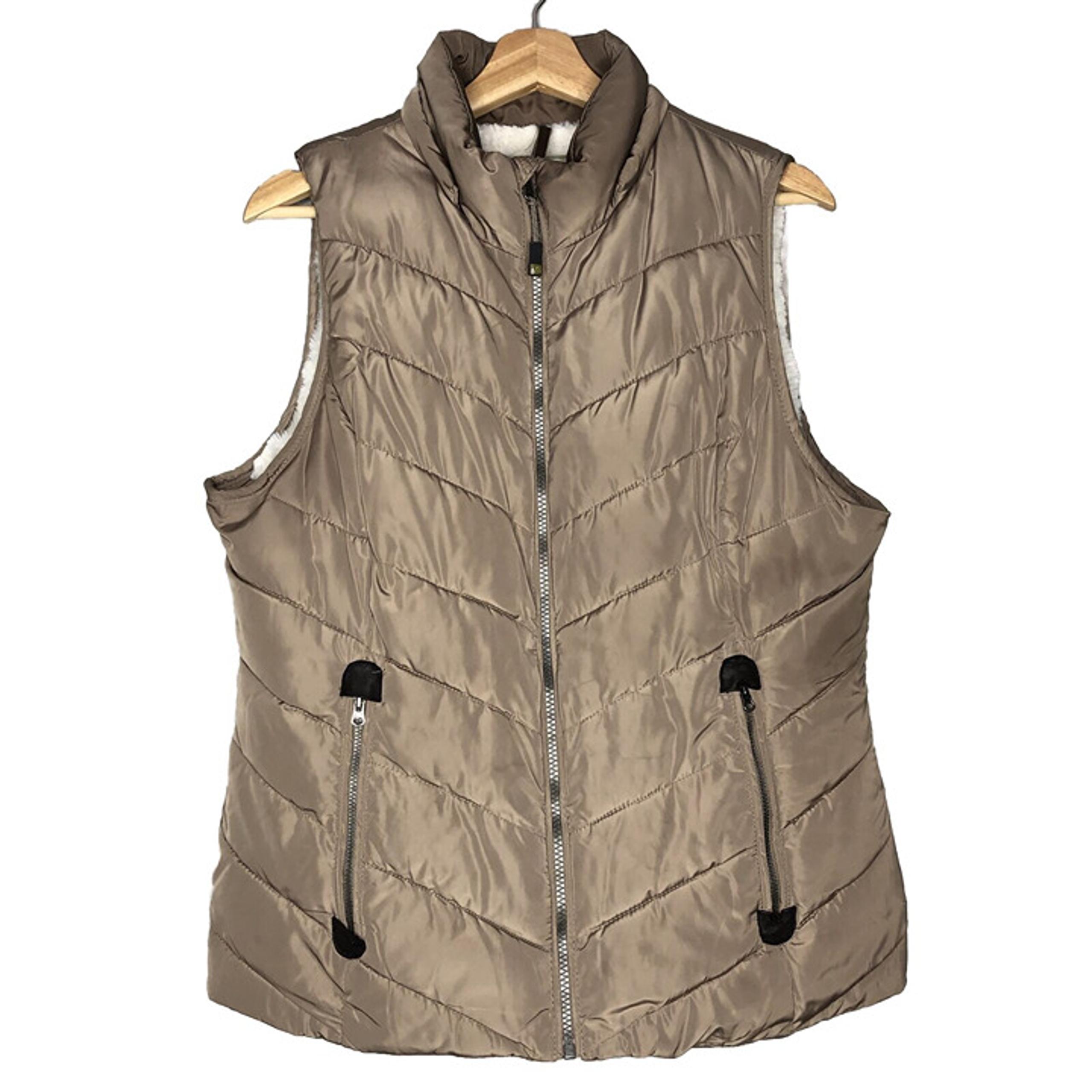 Green Tea Puffer Vest Jacket L Fleece Faux Fur Lining Full Zip Quilt Brown Taupe
