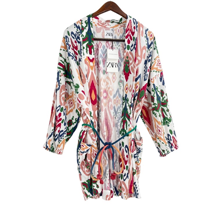NWT Zara The Hanoi Kimono Multicolor Rope Tie Womens Size Medium Boho Artsy