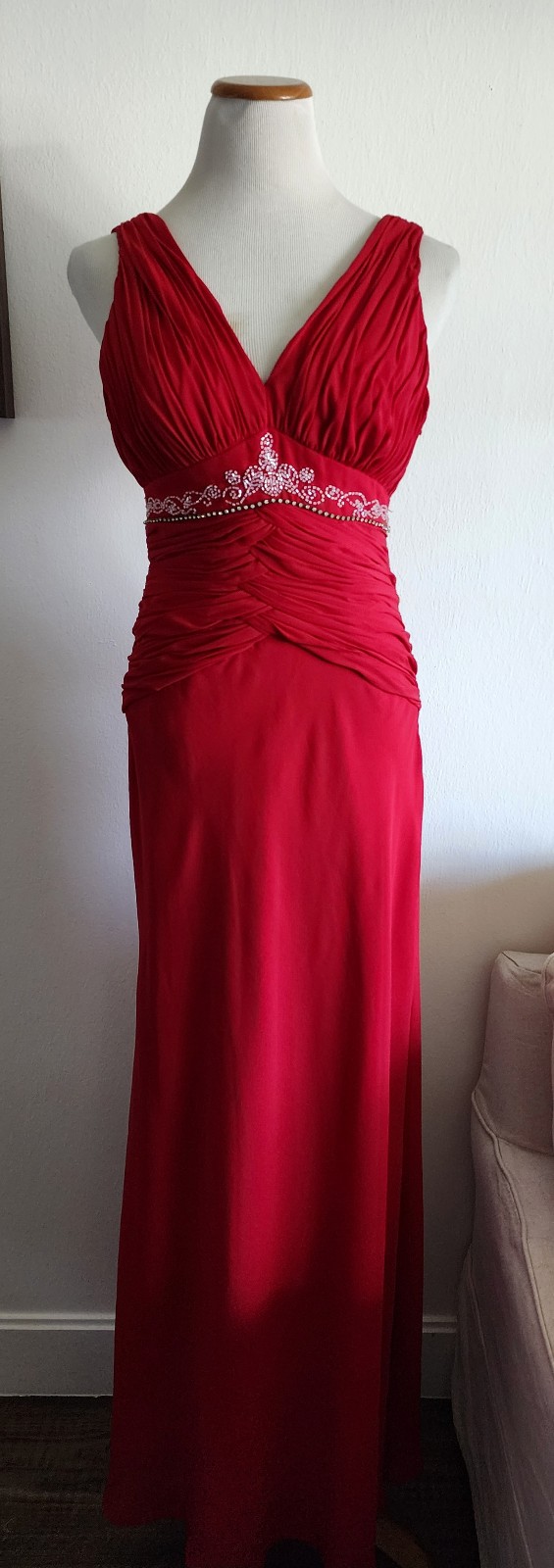 Vintage Y2K CooBee Red Maxi Formal Dress Rhinestones & Glass Beads Size 8