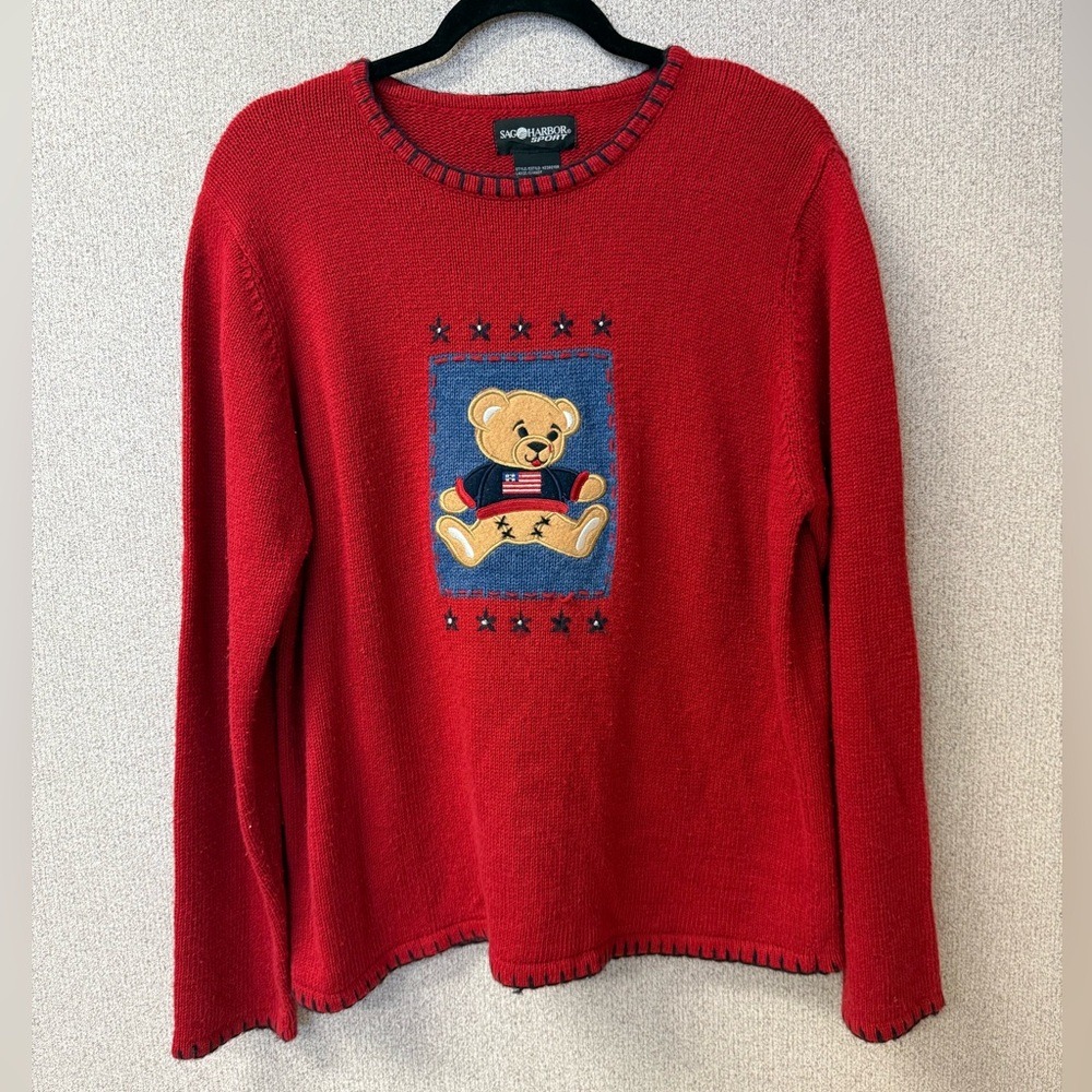 Sag Harbor Sport Vintage Women Teddy Bear Sweater Patriotic Red with Needlepoint