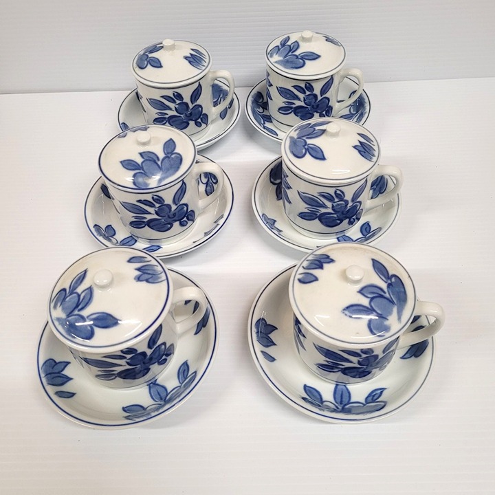 Williams Sonoma IDG Set 6 Grande Cuisine Tea Cups Lids Bowls Blue White Floral