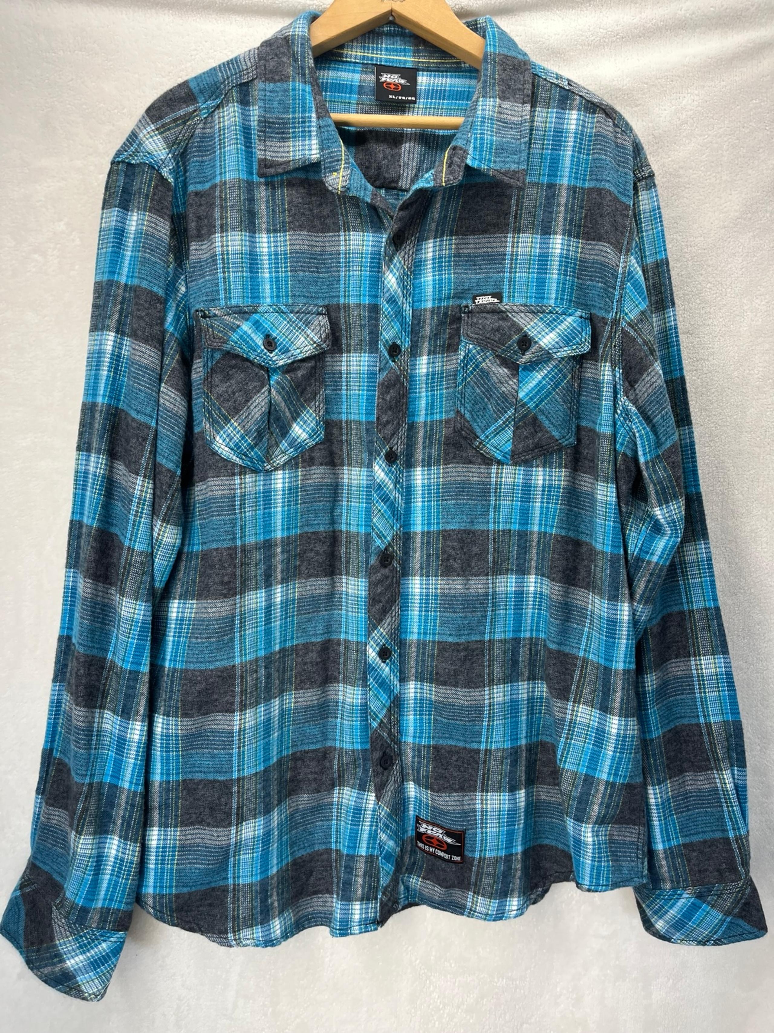 Vintage No Fear Blue Long Sleeve Button-Up Flannel Shirt XL Skater 90’s Emo