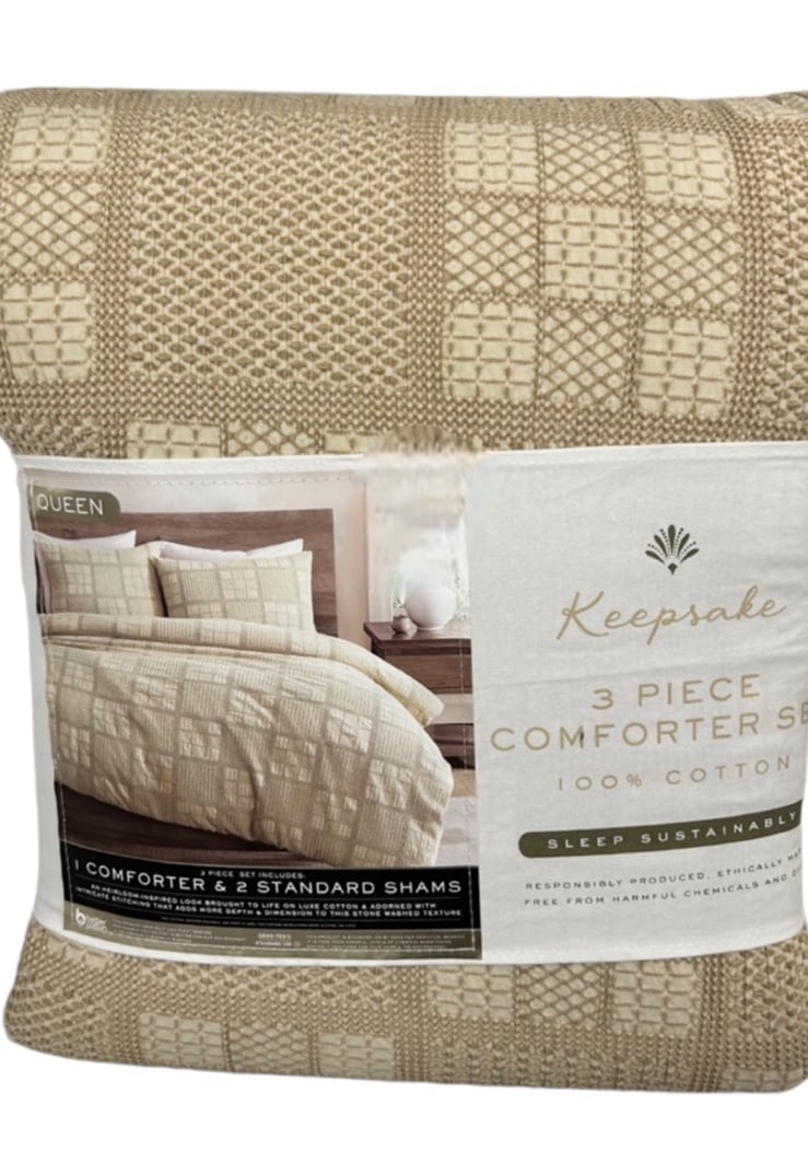 Keepsake 3 Piece Tan Cotton Comforter Set 90”x90”
