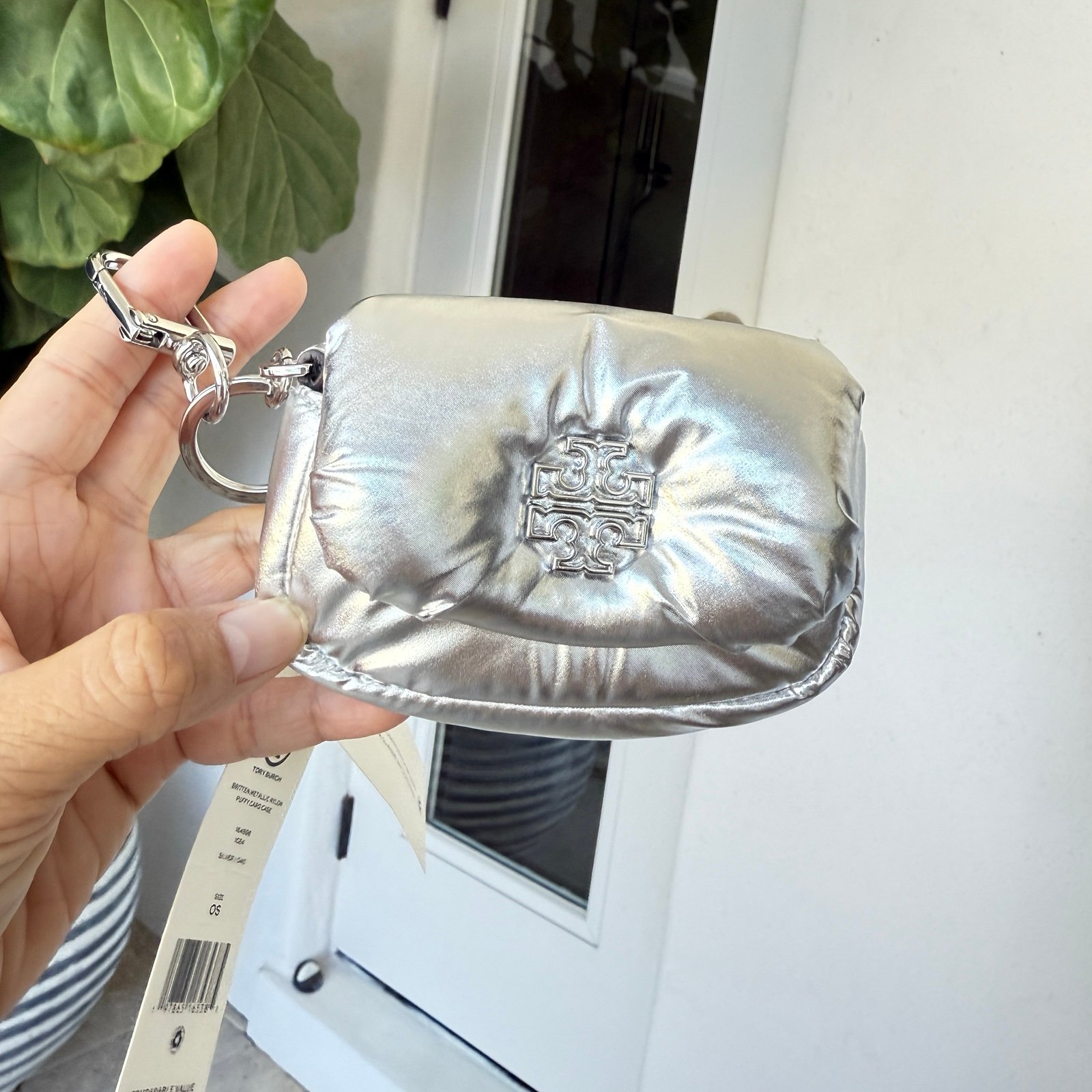 Tory Burch 164598 Britten Nylon Puffy Card Case IN SILVER