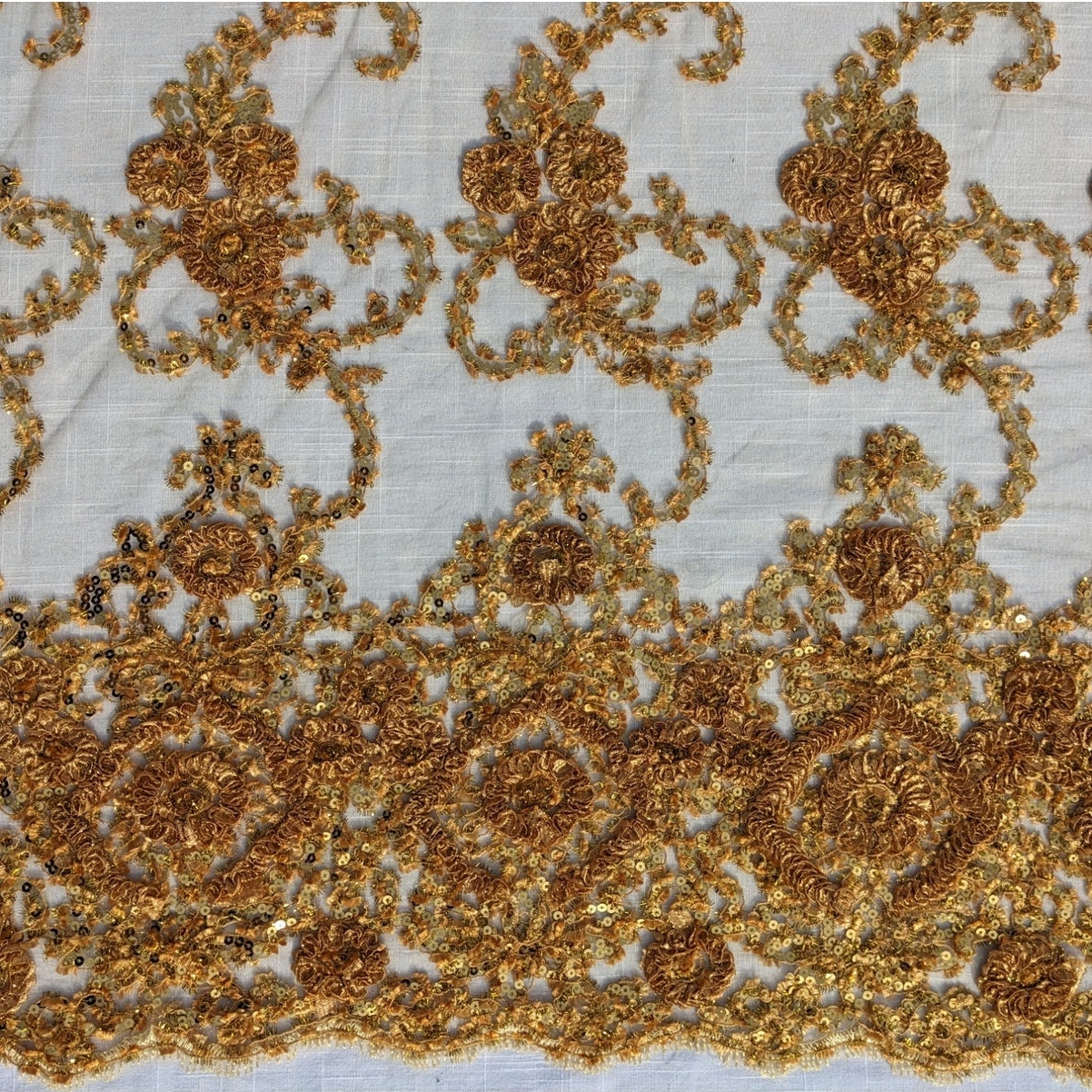 Vintage 1990's Ornate Wide Gold Netting Lace ~ Sequins Ruched Ribbon Foil Fringe