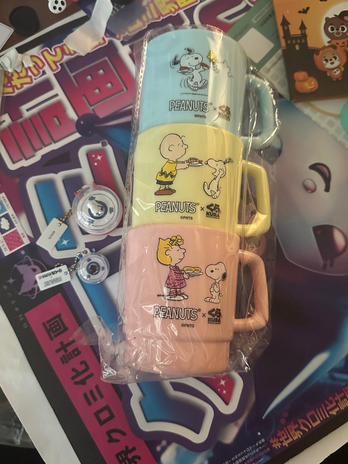 snoopy peanuts kura collab keychain cup set