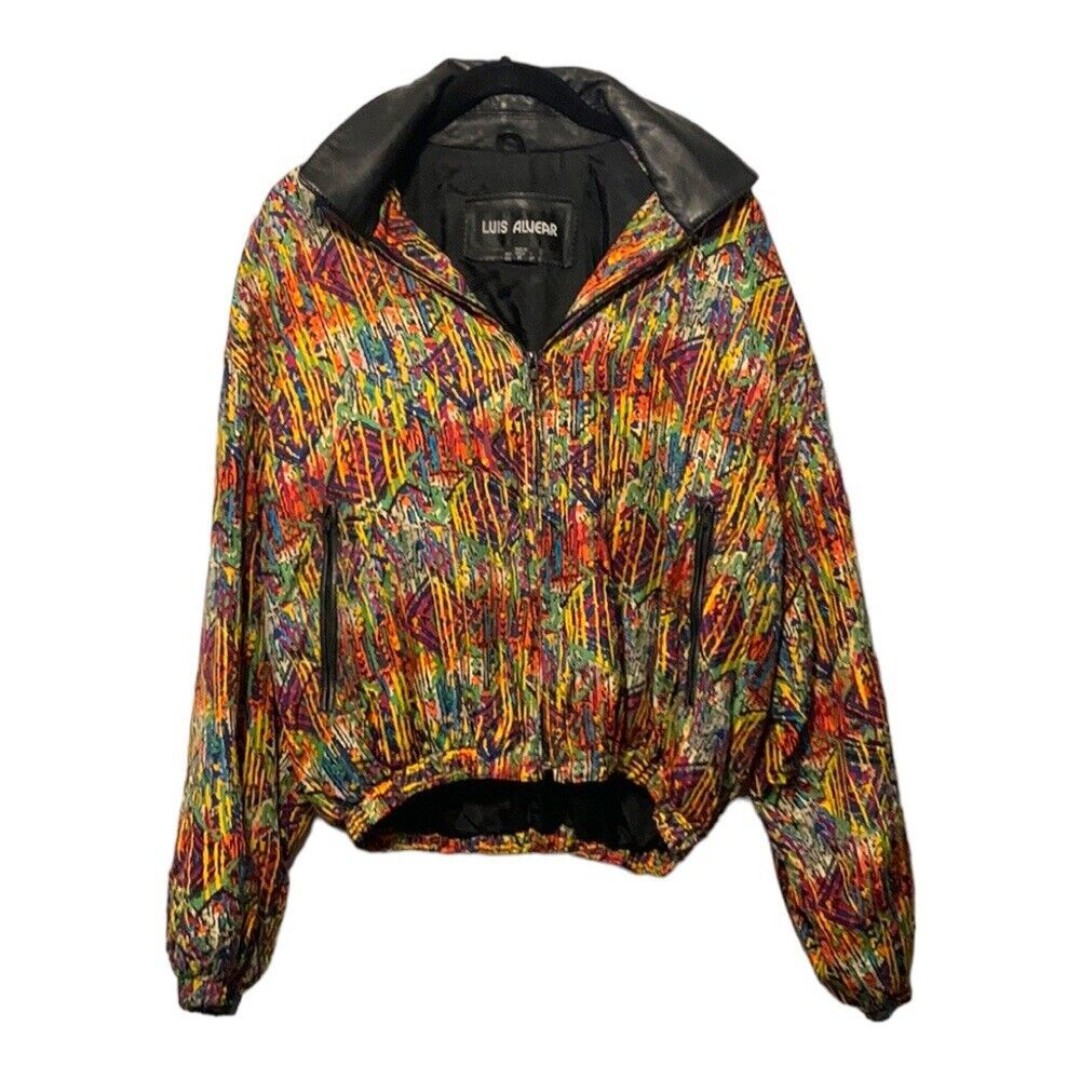 Vintage Luis Alvear Pure Silk Leather Bomber Jacket. 80’s bright colors unique