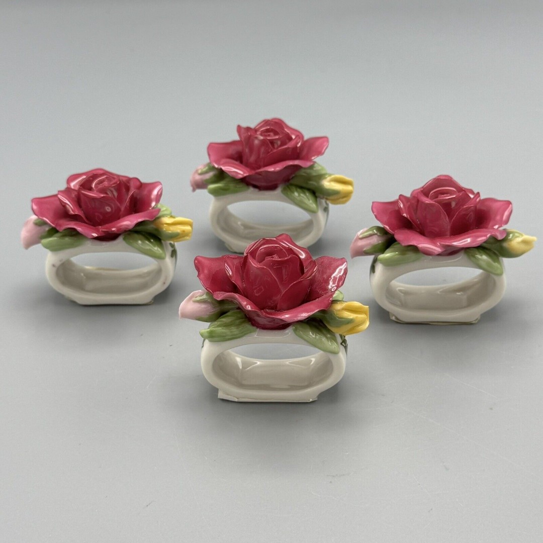 Vtg 4 Royal Albert Old Country Roses Sculpted Napkin Rings Rose Shaped Discont