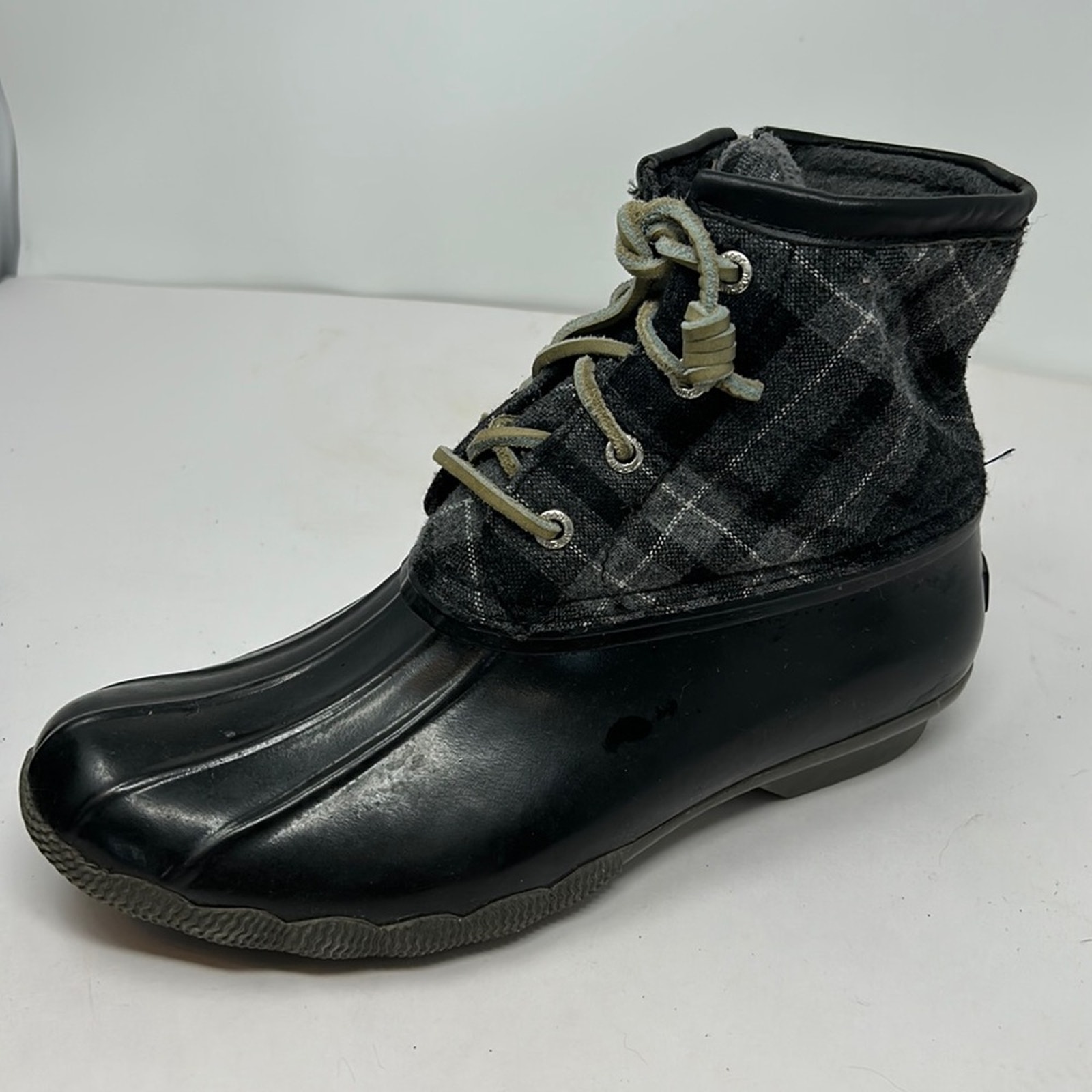 Sperry Top Sider Women's Black & Gray Plaid Rubber Ankle Duck Boots Size 9