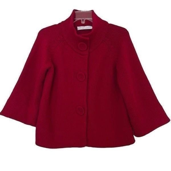 Trina Turk Sweater Jacket Medium Swing Coat Merino Wool Cranberry Red Mock Cape