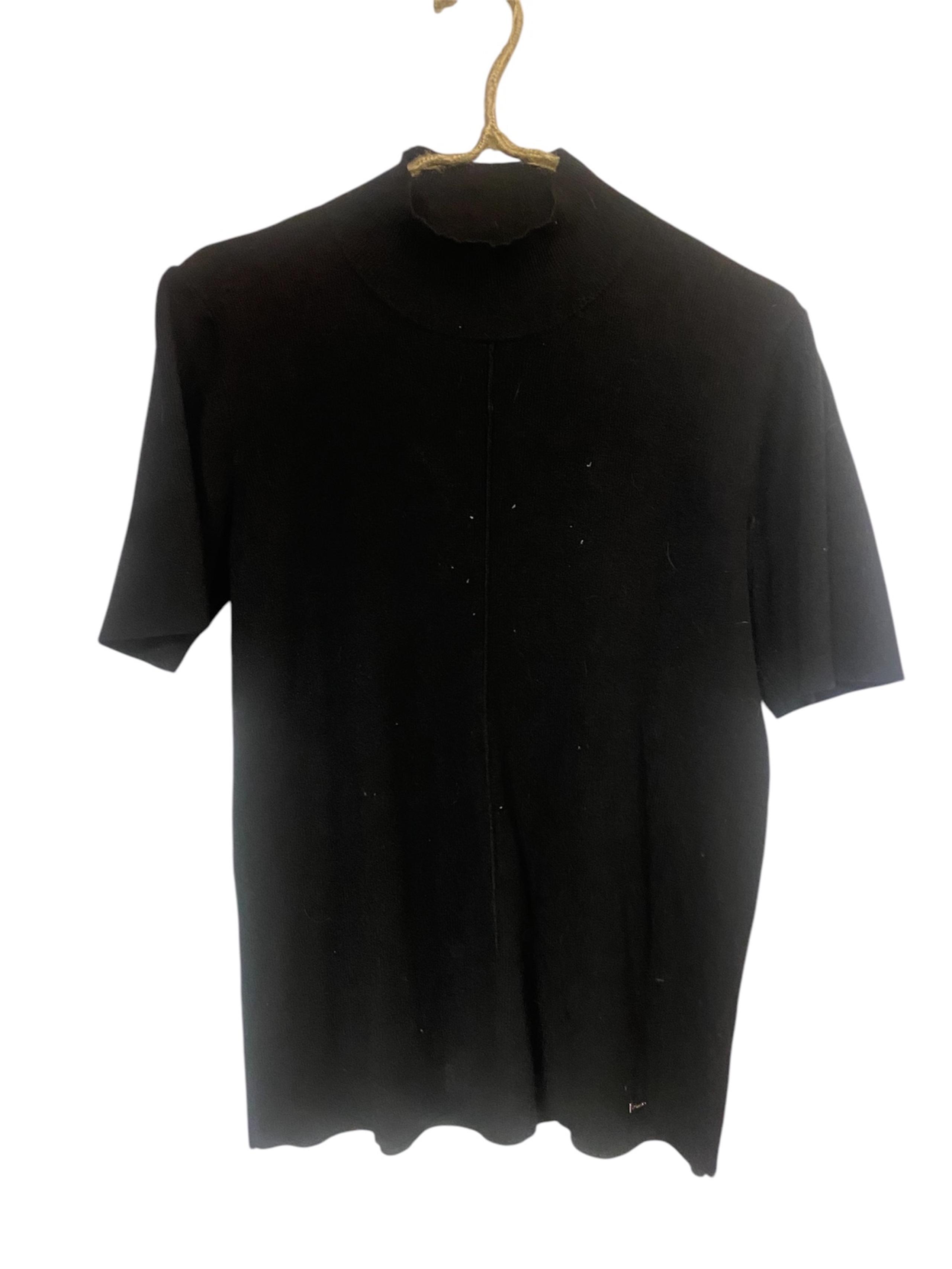 T tahari black short sleeve ribbed knit stretch mock neck sweater top large