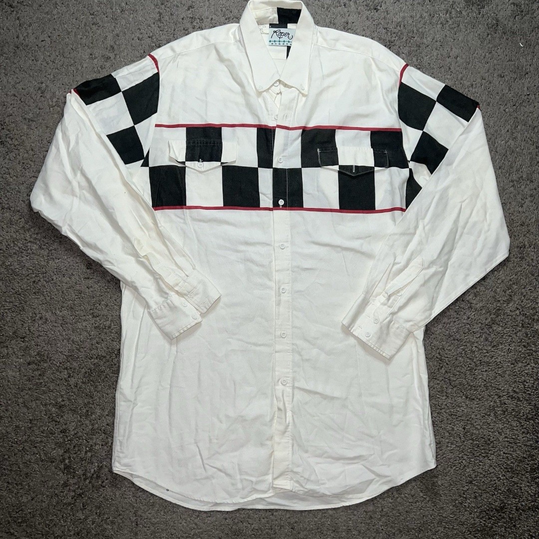 Vtg Roper Border Western Shirt Mens 2XL Racing Checker Pearl Snap Made in USA