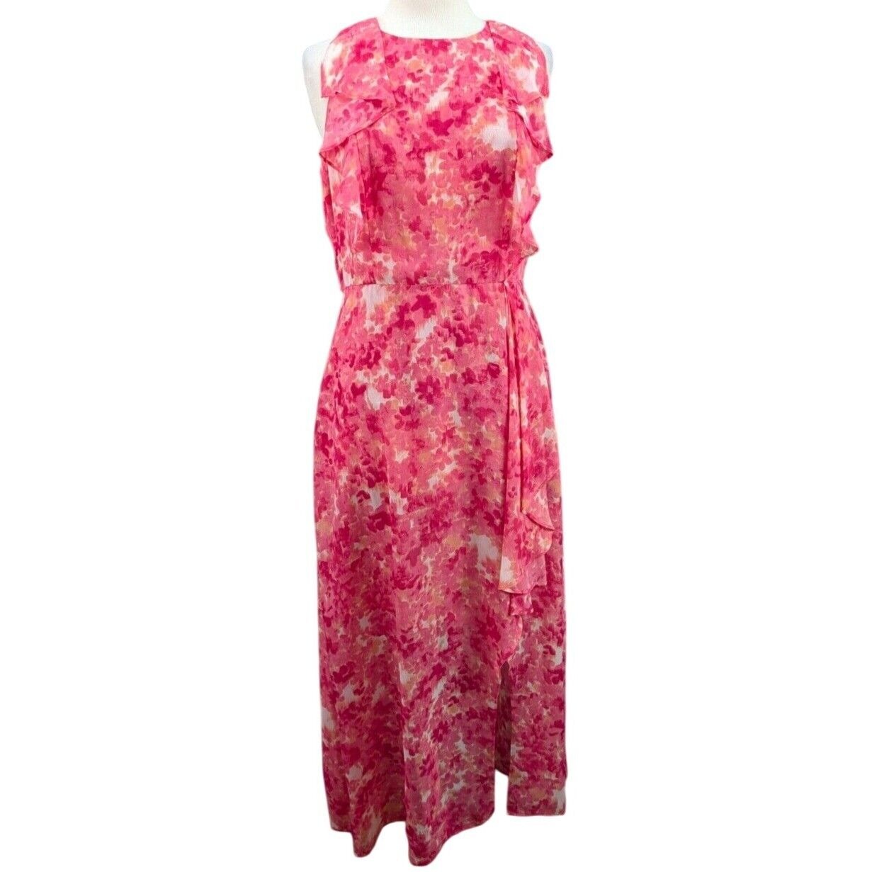 Calvin Klein Floral Belted Popover Coral Maxi Dress Ruffled Spring Keyhole Sz 8