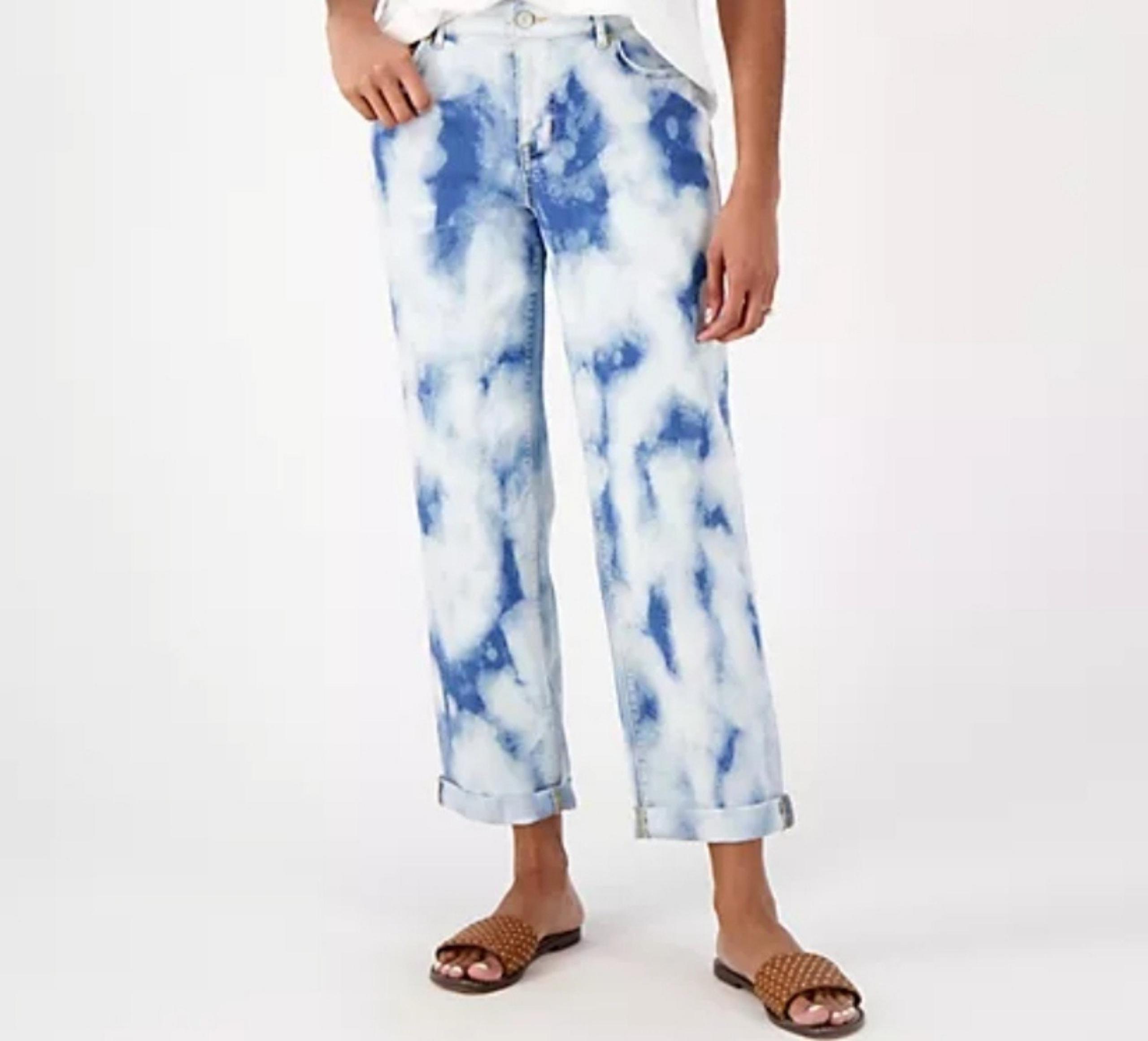 LOGO Lori Goldstein Boyfriend Jeans Size 12P Petite Tie-Dye Blue Stretchy Ankle