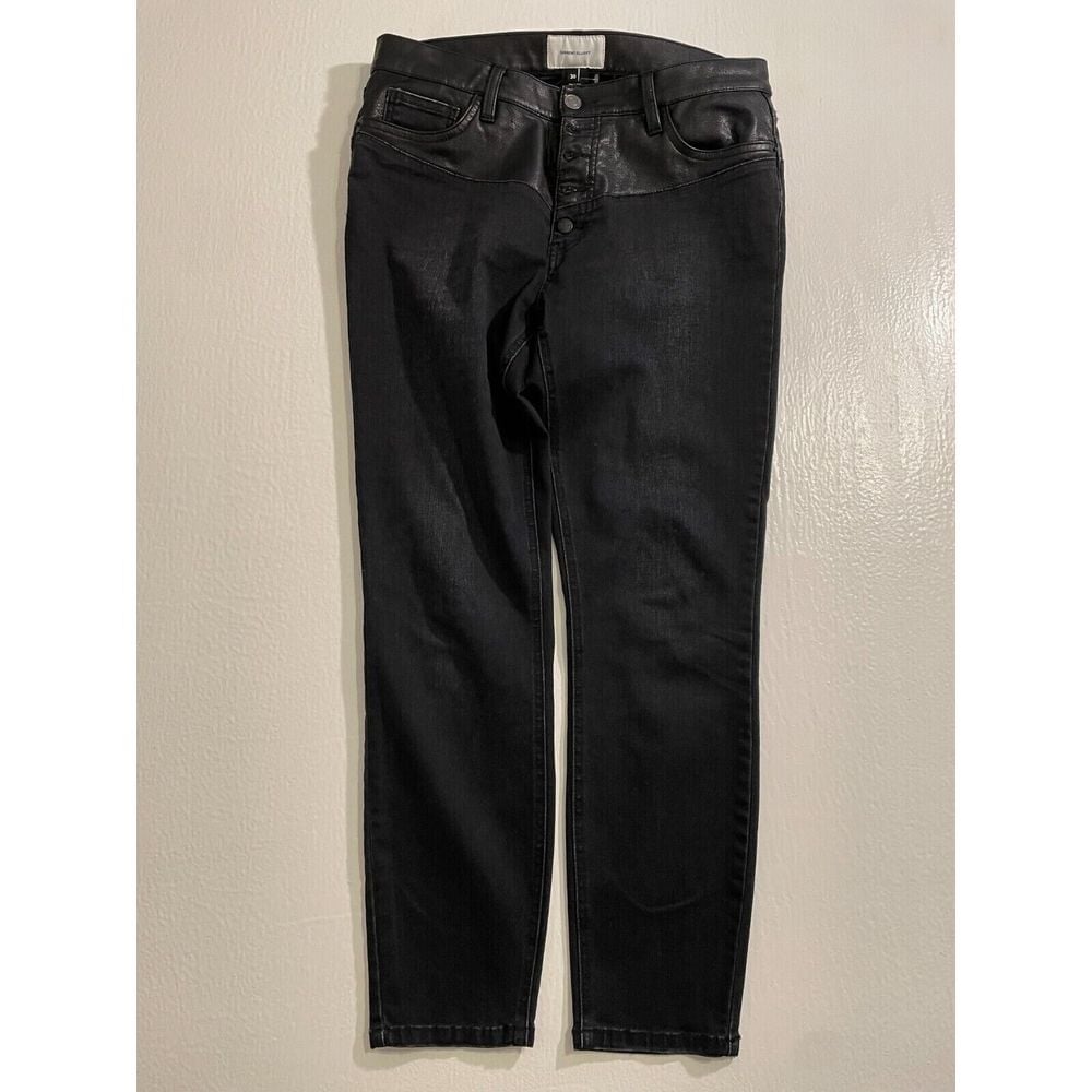Current/Elliott Women's SZ 30 Black Pleather Trimmed Button Fly Tapered Jeans