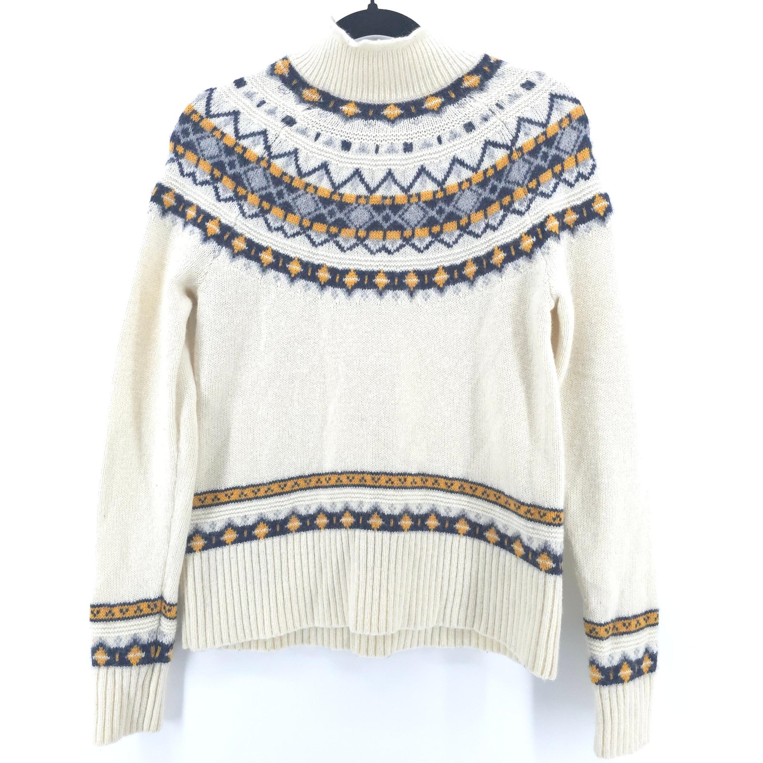 J.Crew Womens Ivory & Blue Rolled Hemline Mock Neck Nordic Lambs Wool Sweater S