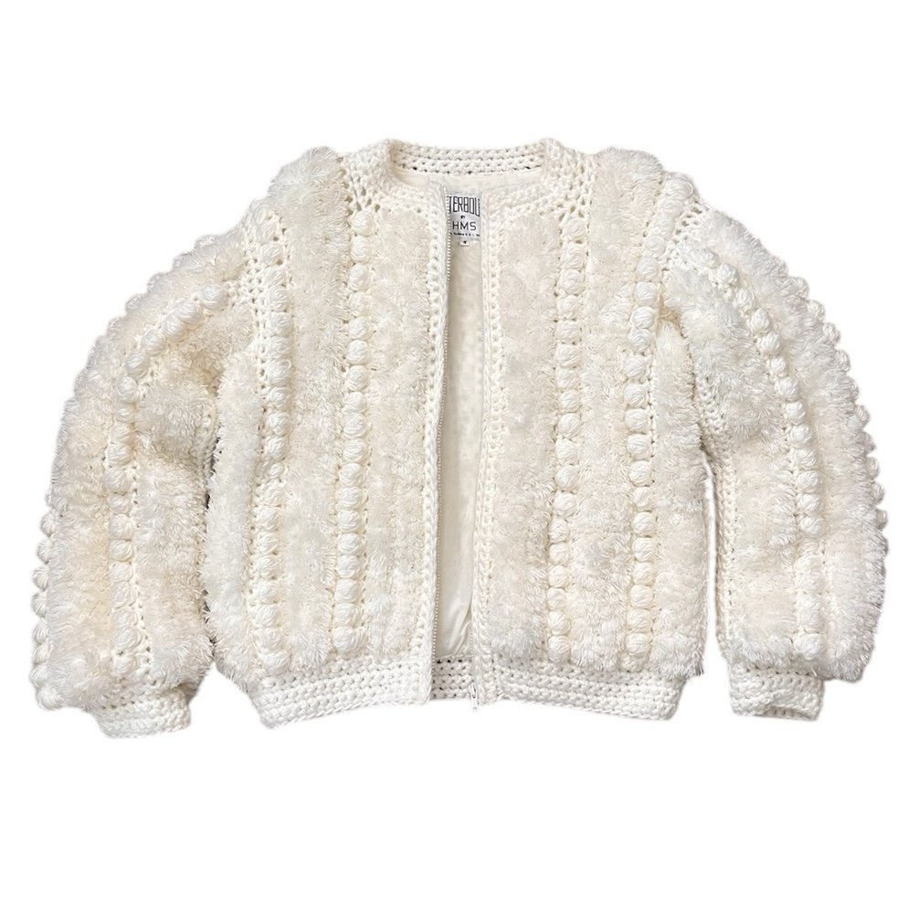 Vintage Chunky Knit Cardigan Coat Jacket Pom Pom Crochet S Small