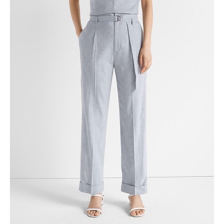 NEW Club Monaco Pinstripe Chambray Belted High Waisted Pants Trousers Blue Sz 4