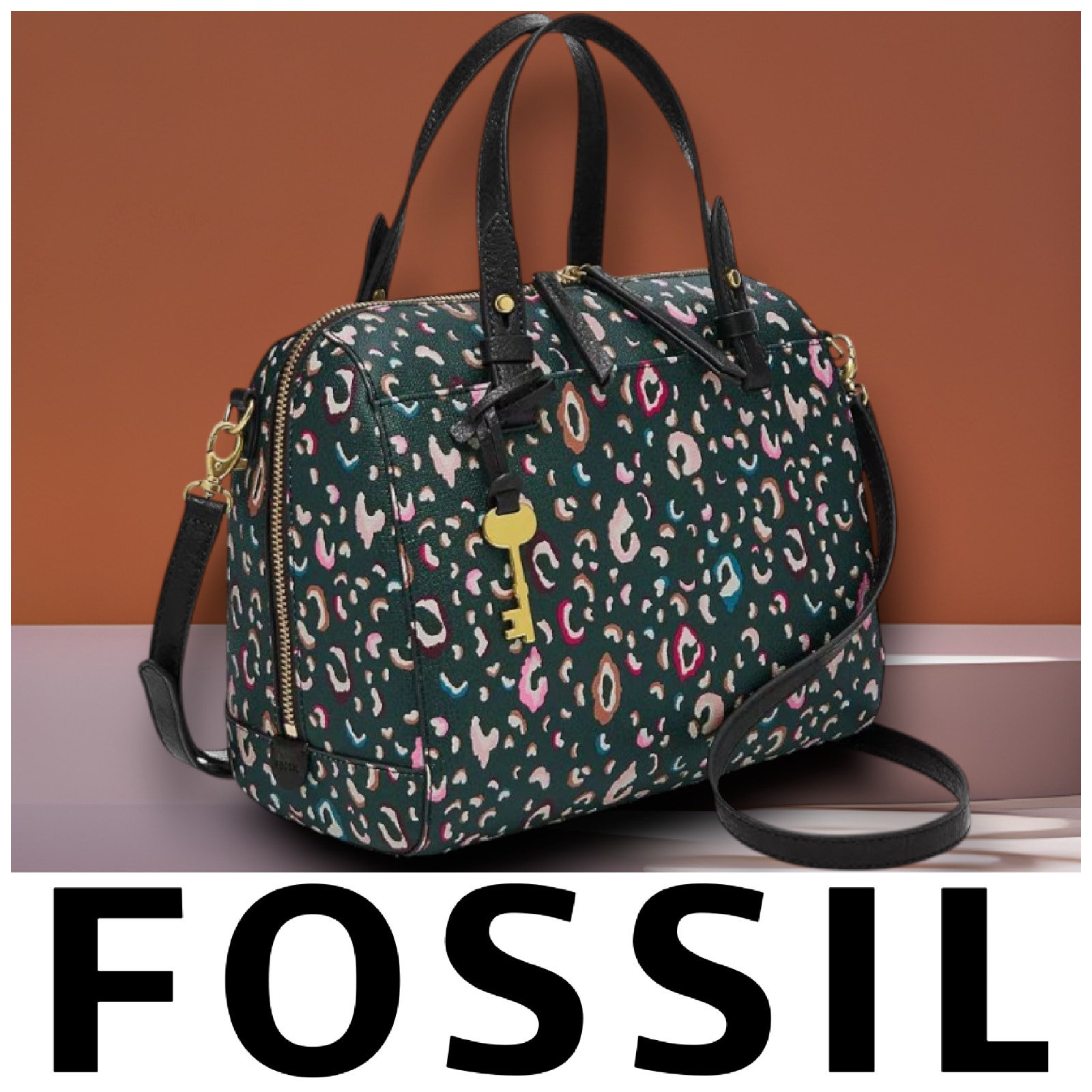 NEW Fossil Rachel Leopard Print Vegan Saffiano Leather Satchel Purse Bag NWOT