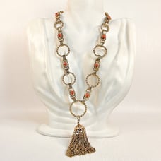 Tassel Necklace - Coral Glass Beads - Twisted Rope Links - Vintage Mid Century