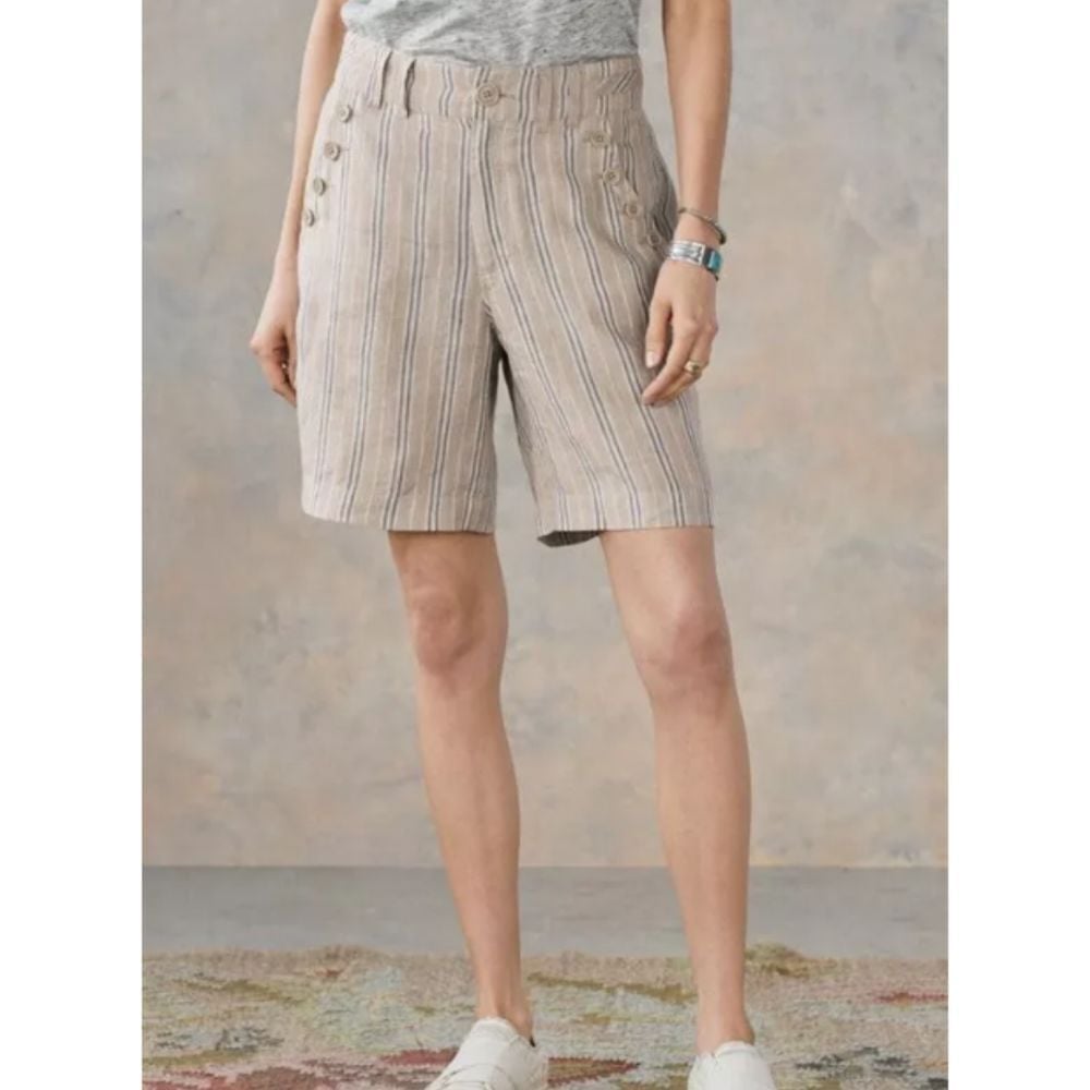 Sundance Wilde Linen Bermuda Shorts Sz 4 Tan Blue Stripe Button Detail High Rise