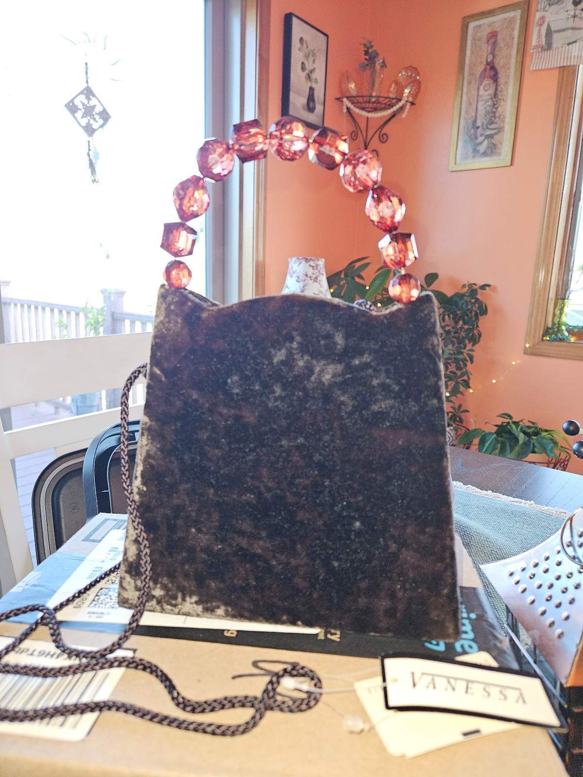 Vintage Vanessa Velvet Handbag Beaded Handle Crossbody Cord with Original Tags