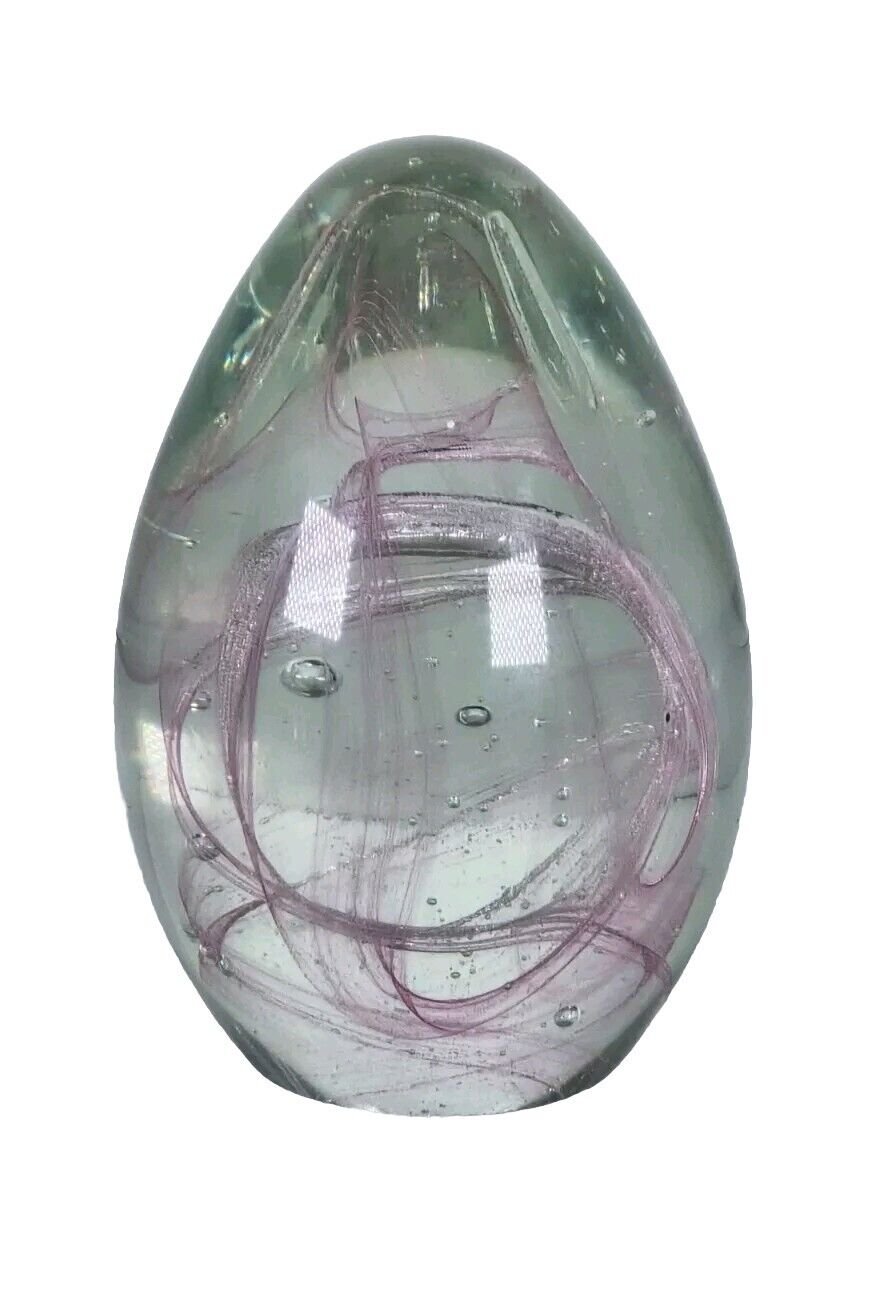 Clear Vintage Art Glass Paperweight With Purple Free Form Swirls Blown Art