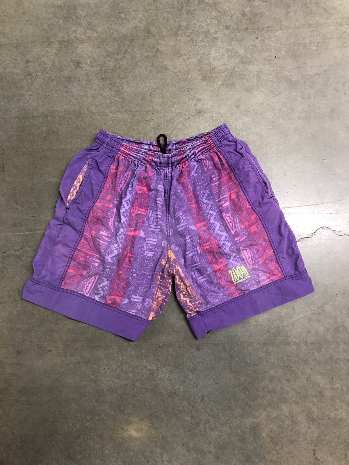 Vintage 80’s Abstract Beach Surf Shorts Men’s Large-XL Purple Multi Color