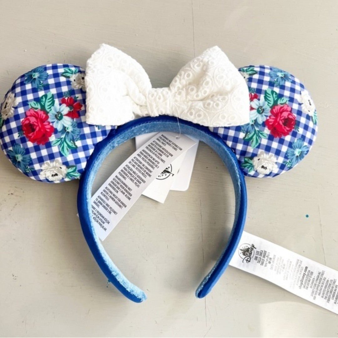 Disney Parks Gingham Cottage Floral Mickey Minnie Ears Blue