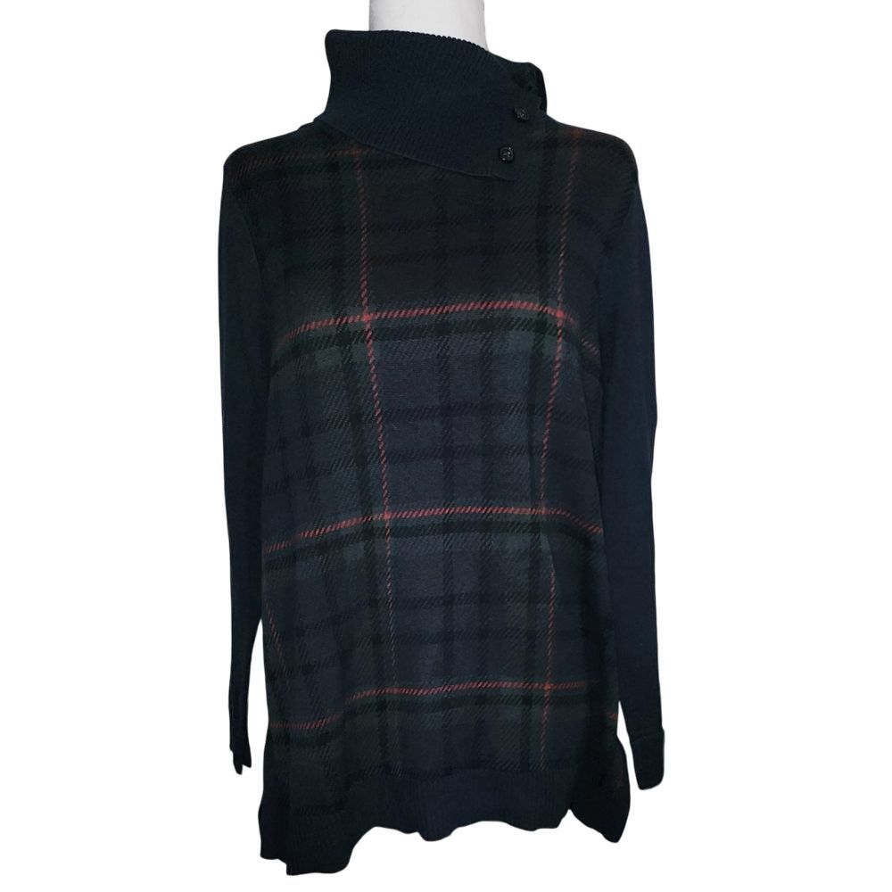 Talbots Petite Navy Plaid Turtleneck Sweater Long Sleeve Knit Fall Winter LP