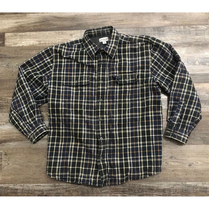 Carhartt Mens XL Blue Plaid Lined Heavy Flannel Button Up Shirt Jacket