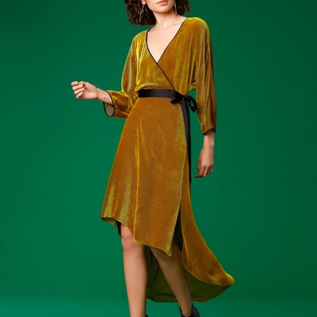 DVF Velvet Eloise Faux Wrap Dress in Goldenrod Lilac Black Size XS