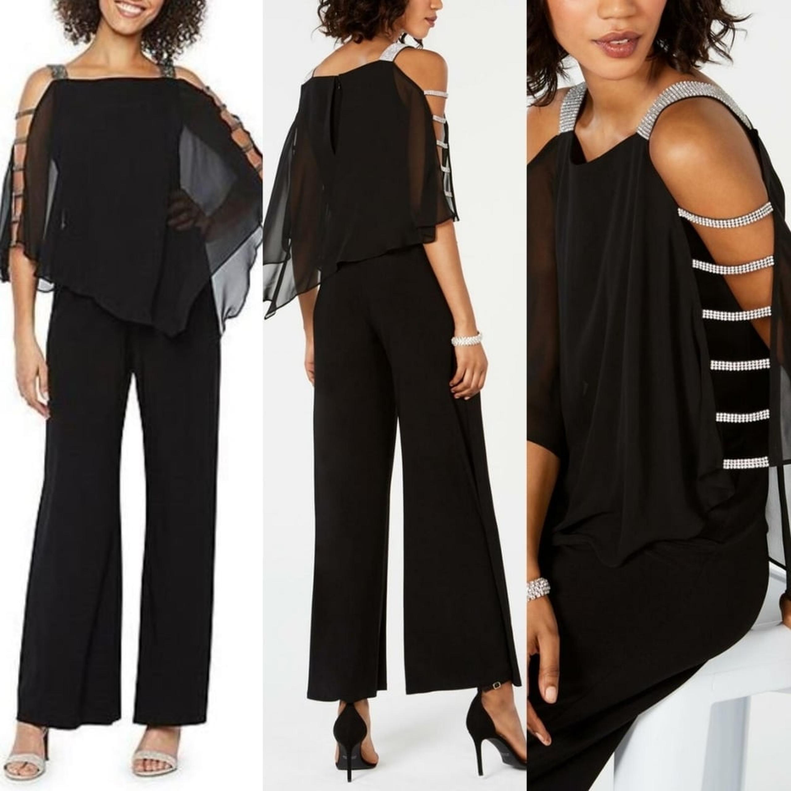 MSK Women's Black Silver Bar Embellished Chiffon Cape Overlay Wide Leg Jumpsuit
