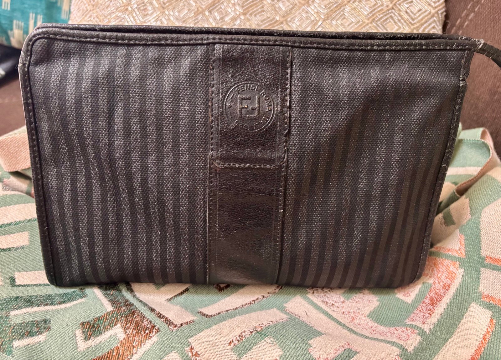 FENDI Canvas Leather stripped clutch
