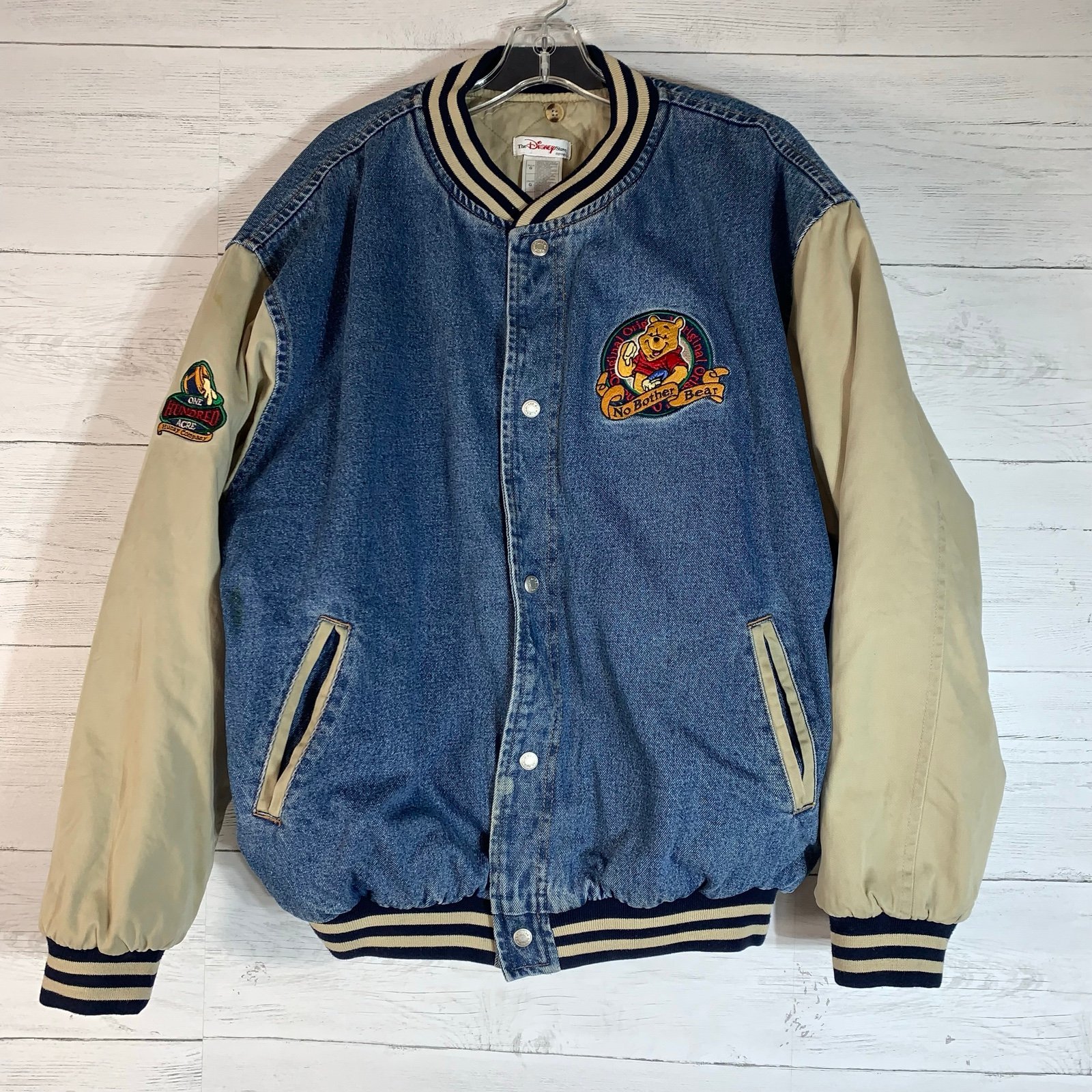 Vintage Disney Store Winnie the Pooh Denim Jean Varsity Bomber Jacket Large