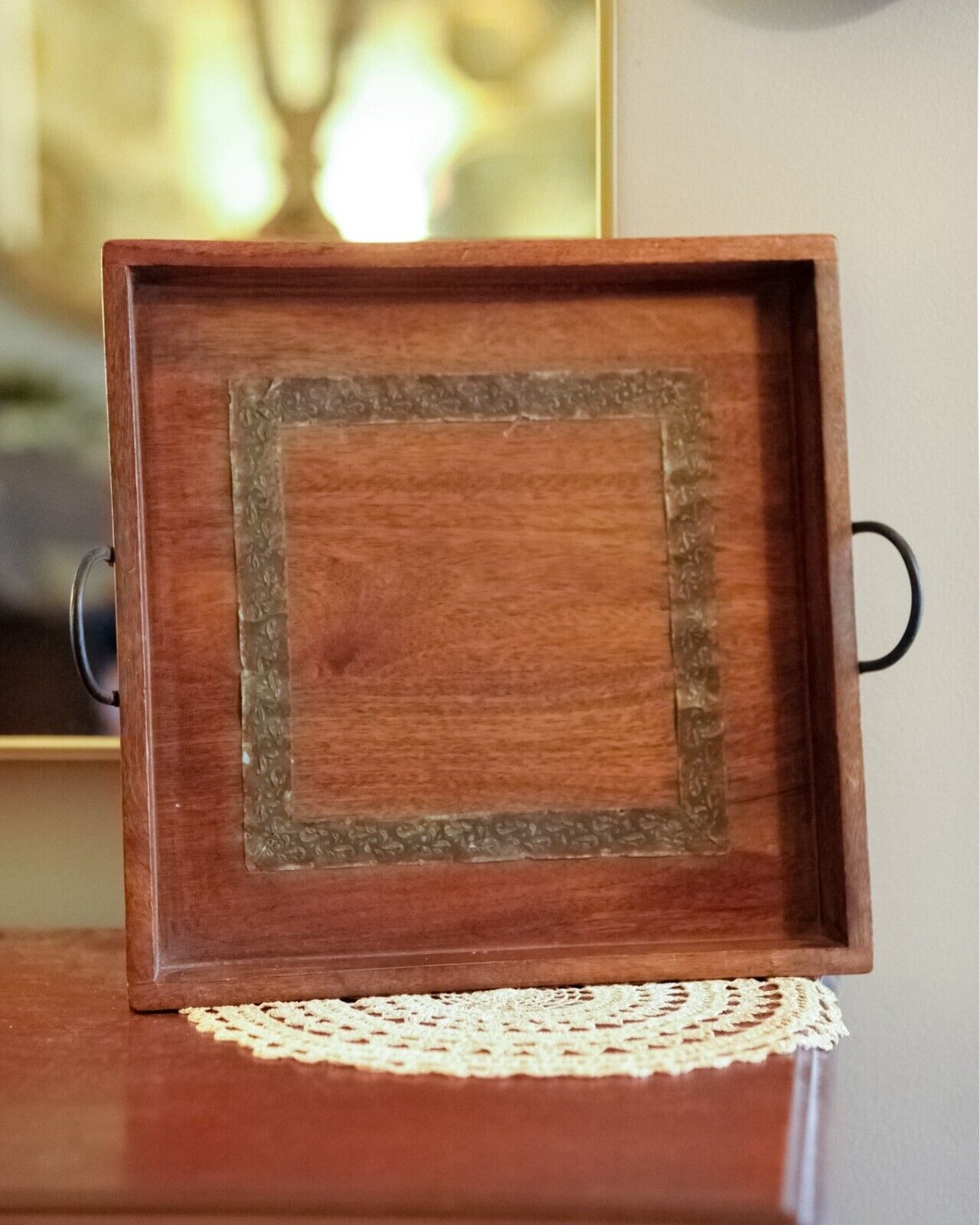 Vintage Wood Serving Tray with Foil Strip Accents and Iron Handles