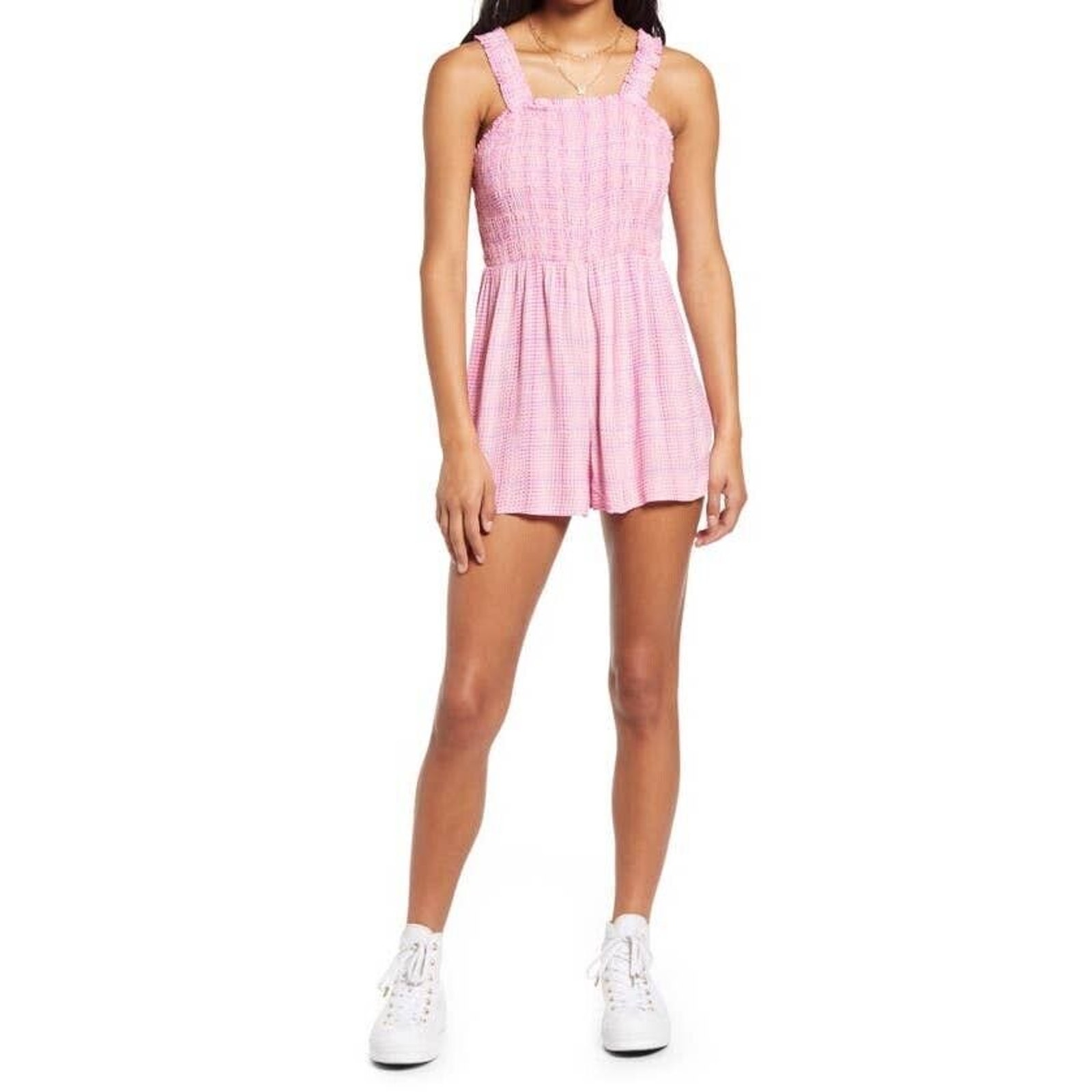 BP. Nordstrom Women Rayon Pink Geodot Plaid Breezy Smocked Bodice Romper Size S