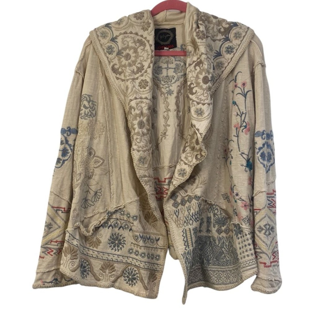 Johnny Was Embroidered Hooded Cascade Front Knit Cardigan