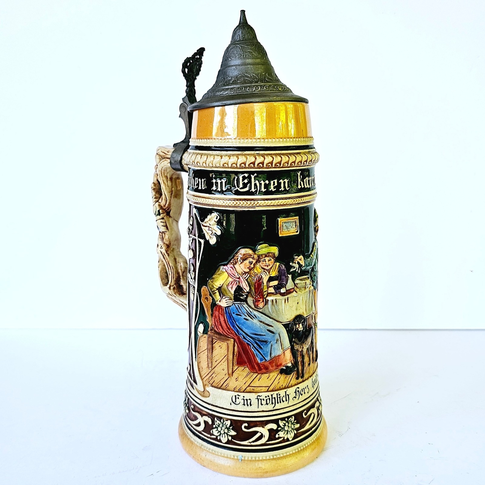 Vintage 13 Tall German Beer Stein Bar Hand Painted Ceramic Pewter Lid M618.4