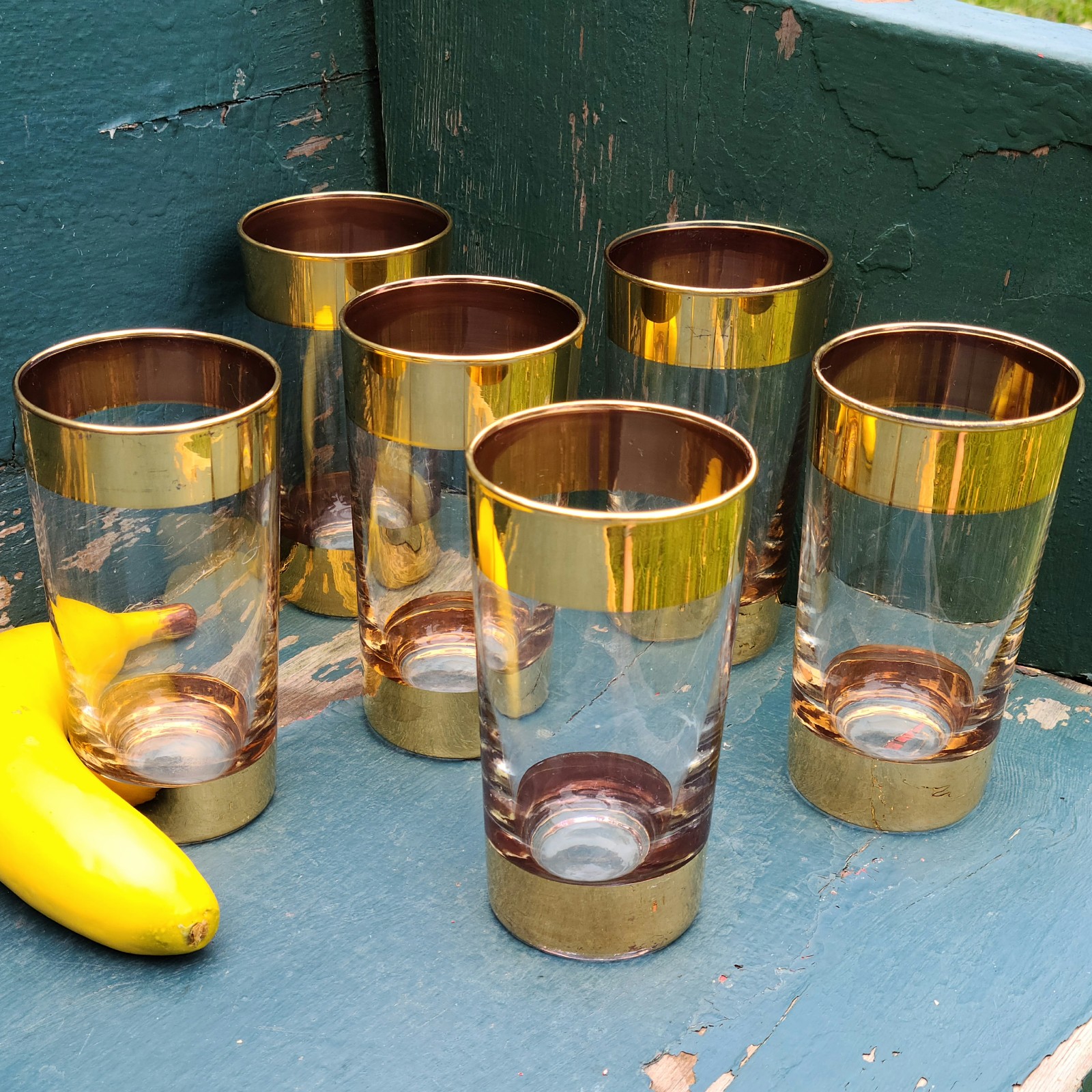 MCM Libbey Gold Leaf Double Banded Tumblers Circle L logo set of 6