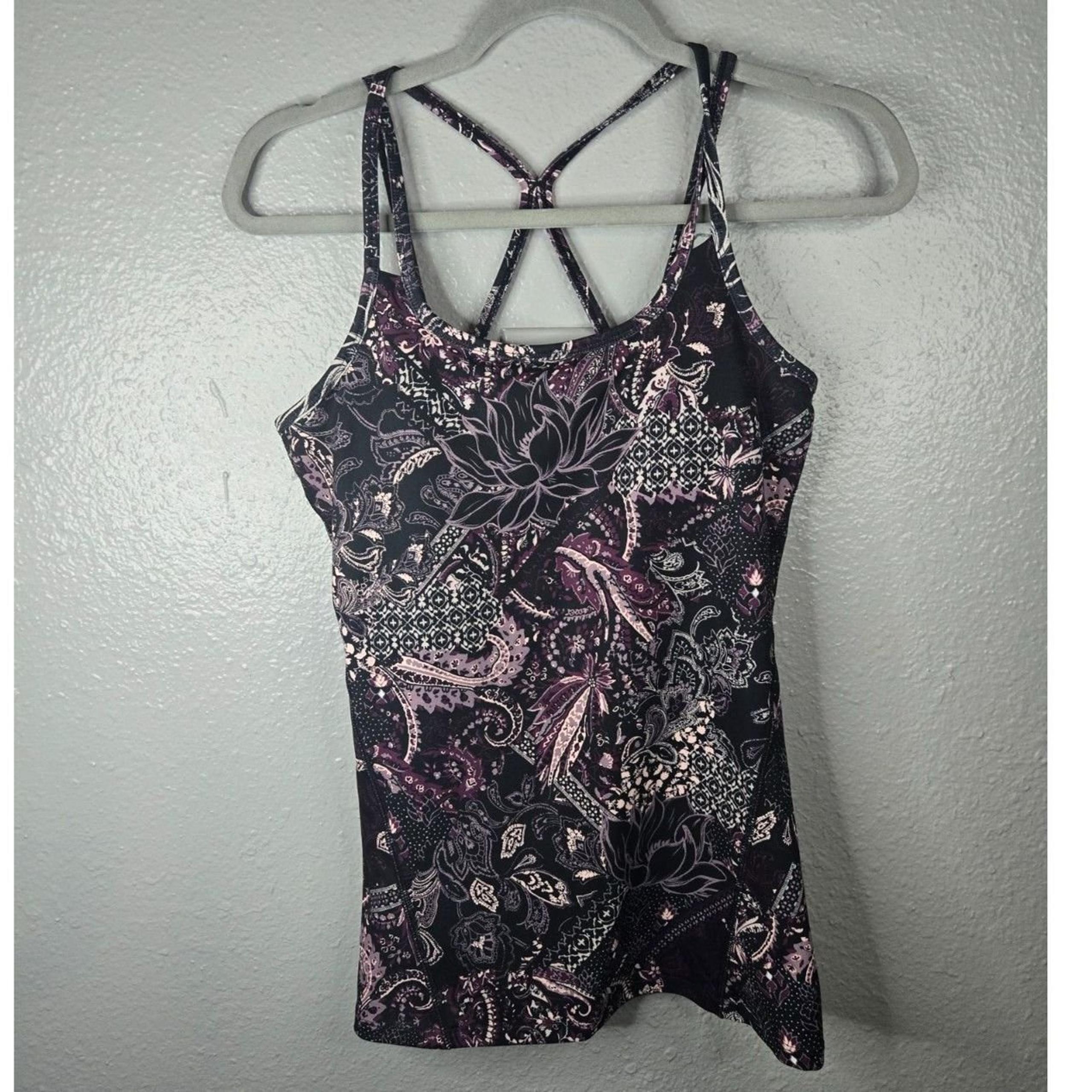 Gaiam Women's Black and Purple Floral Tank Top with Padded Bra Size Small