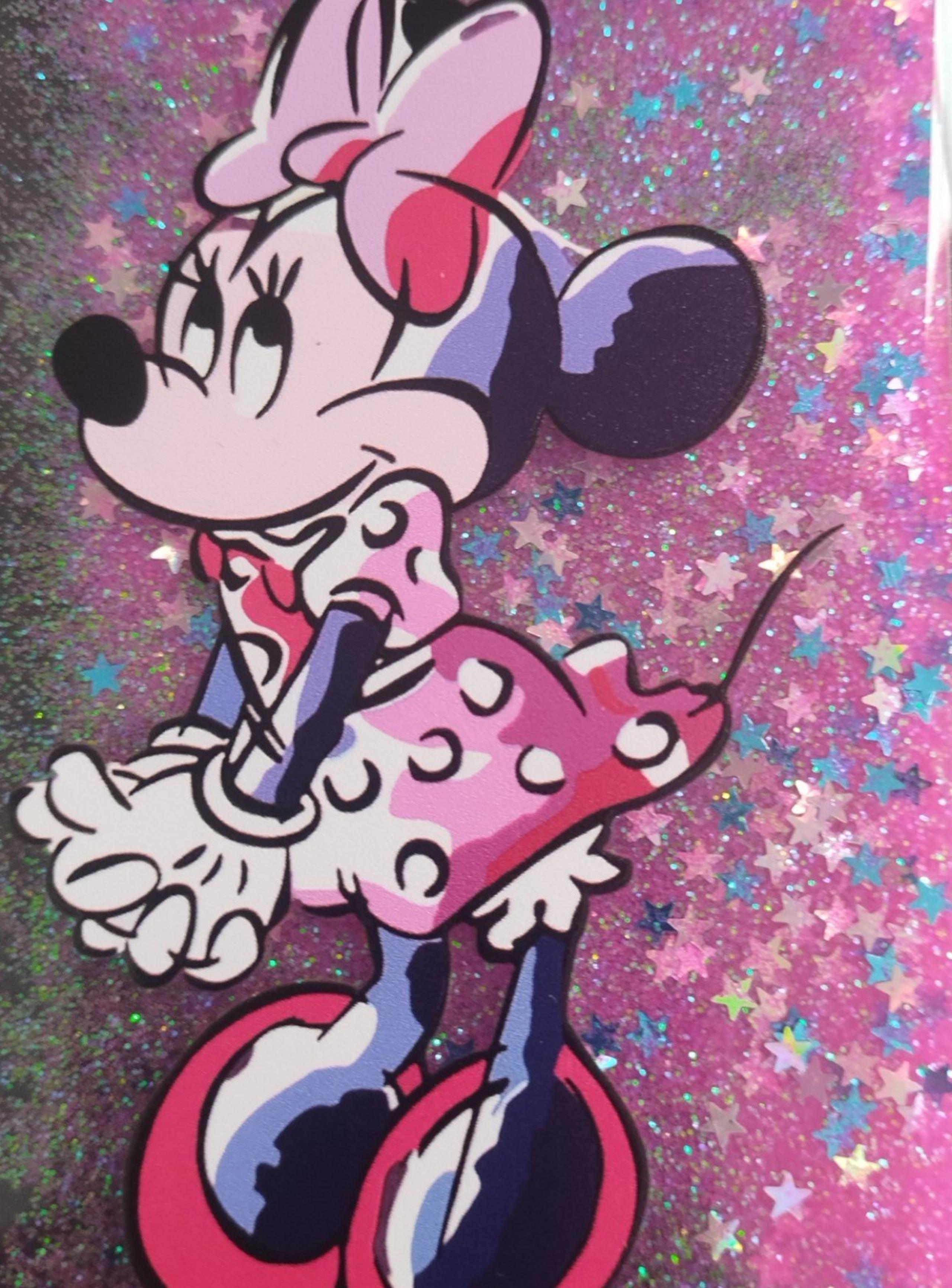 iPhone 12 6.1' Minnie Mouse Clear Case with Sparkling Pink/Blue Glitter Stars