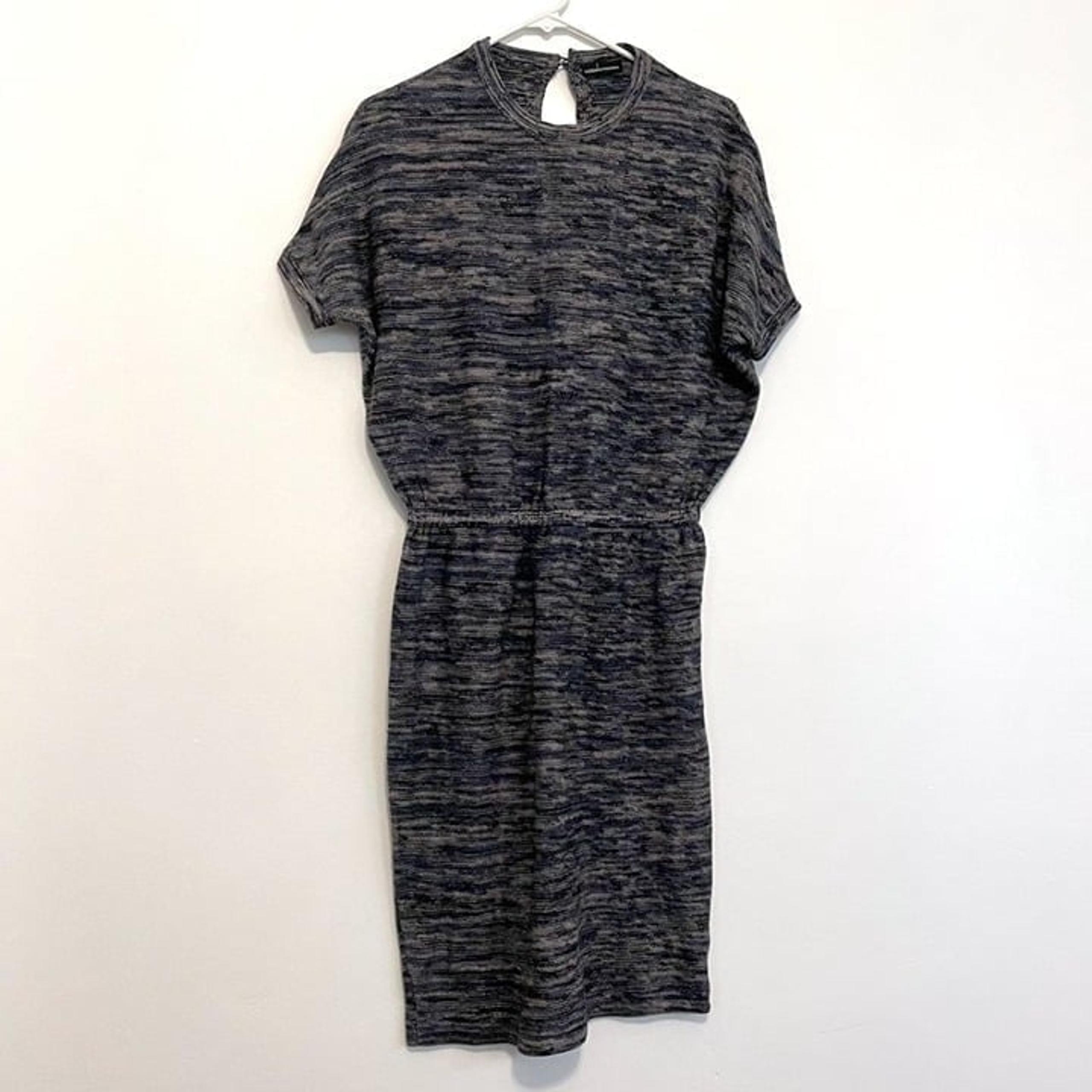 MODA INTERNATIONAL Blue Cream Short Sleeve Cotton CASHMERE Midi Sweater Dress S