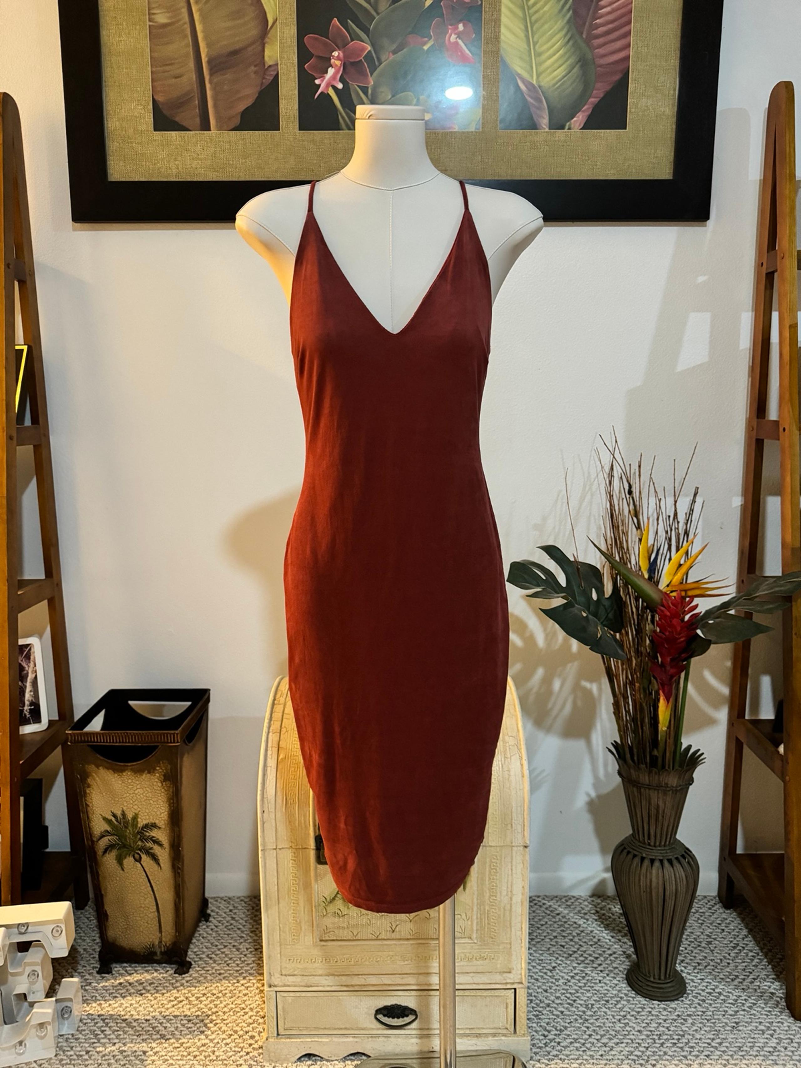 Fashion Nova Orange/Red Dress XS Knee Length V-Neck Spaghetti Straps Bodycon