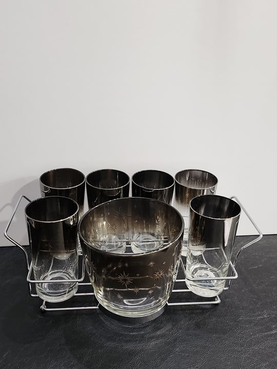Mid-Century Atomic Starburst Glass Set With Holder and Ice Bucket, 6 Glasses
