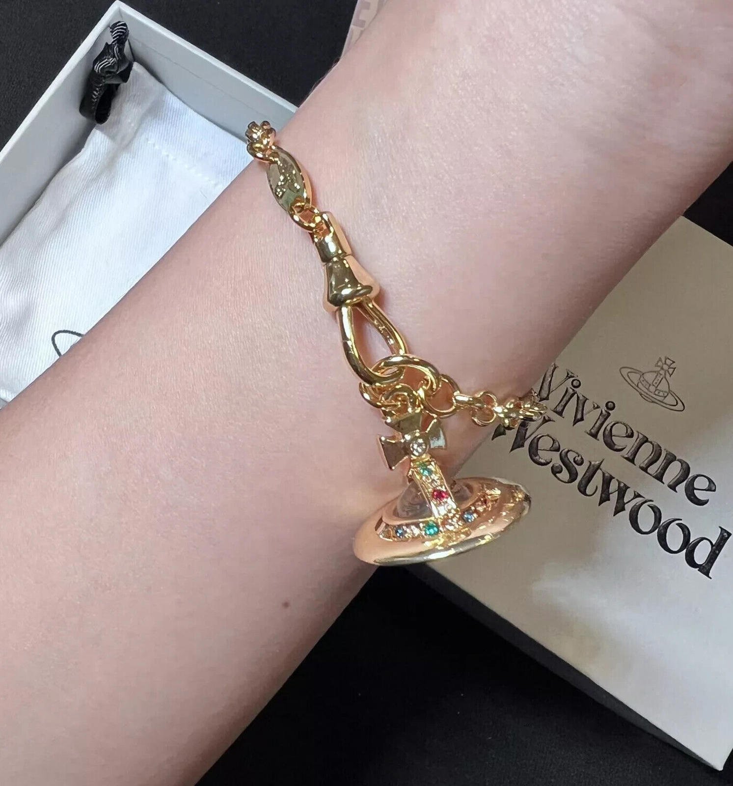 Vivienne Westwood Gold Tone Orb Punk Bracelet With 3D Saturn Orb New in box #343