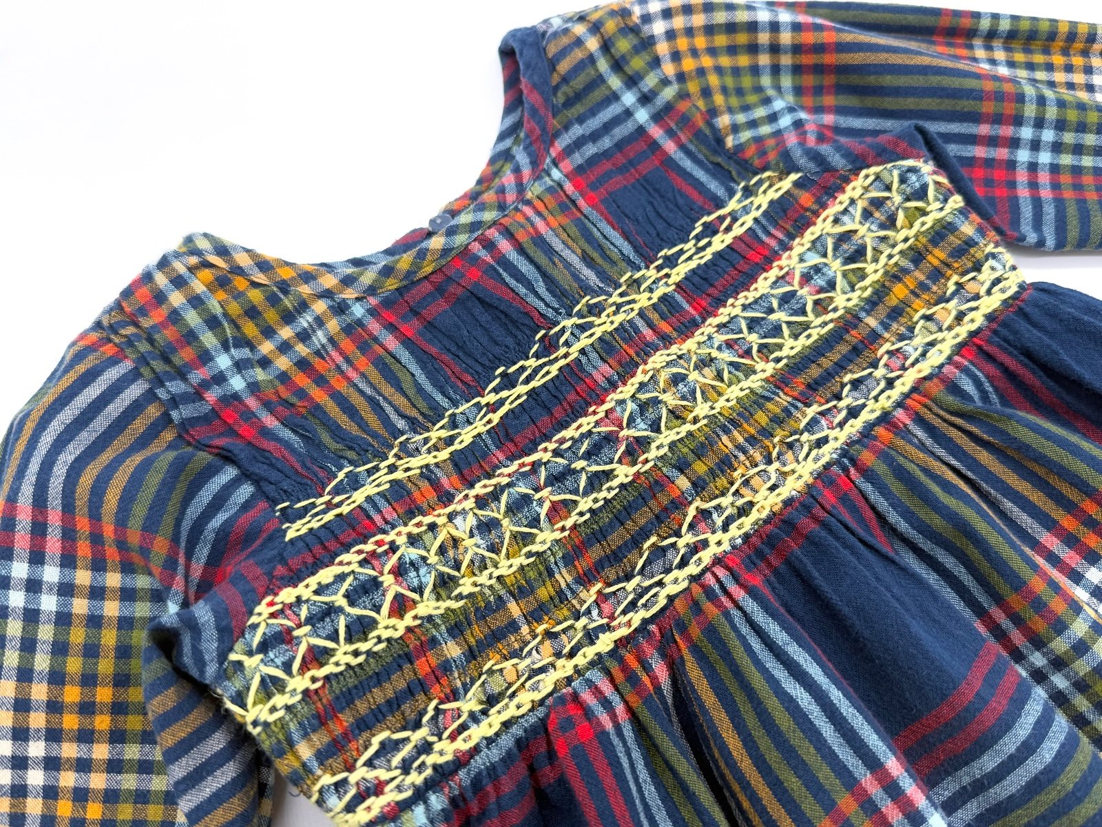 VGUC Pink Chicken Navy Plaid Smocked Long Sleeve Dress 2
