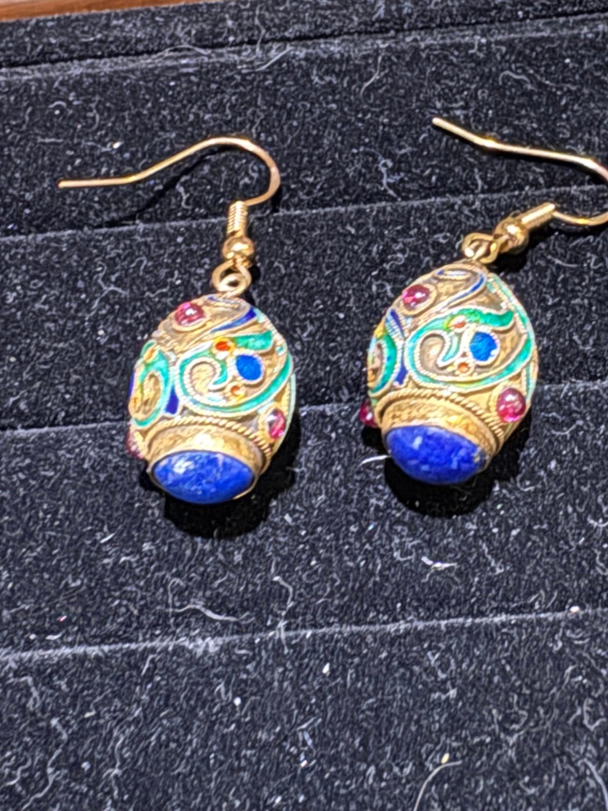 Antique Lapis Lazuli Russian Enamel Drop Egg Earrings